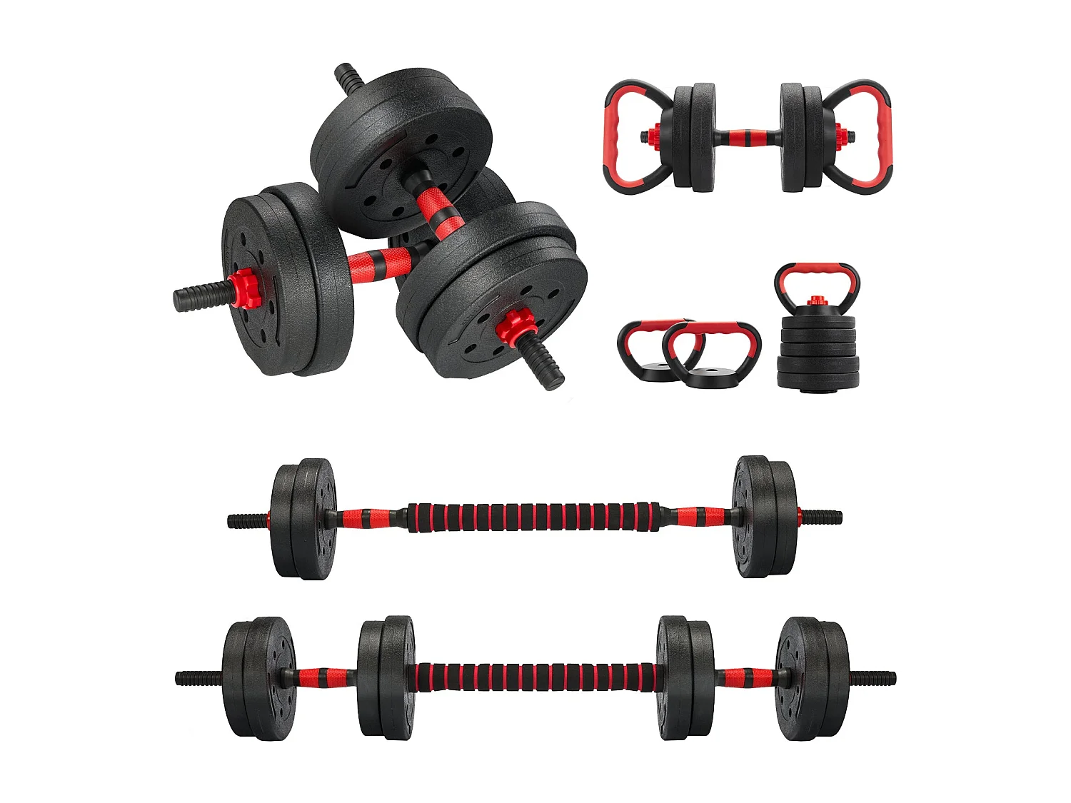 Ensemble d'haltères réglables 6 en 1 de 15 kg, comprenant des kettlebells, des haltères, des barres et des supports pour pompes