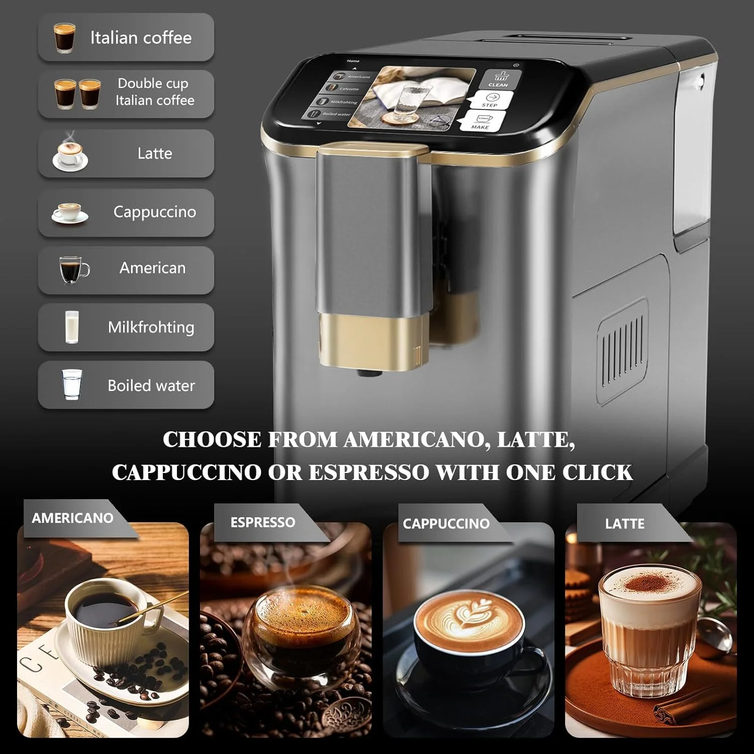 Espresso Machine,Fully Automatic Espresso Machine with Automatic Milk Frother,7 Coffee Varieties,20-Bar,Built-in Grinder,Intuitive Touch Display,1.5-L Water Tank