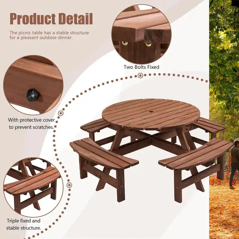 8-Person Fir Wood Round Picnic Table Set With 4 Built-In Benches And Umbrella Hole - Image 6 8-Person Fir Wood Round Picnic Table Set With 4 Built-In Benches And Umbrella Hole - Image 6
