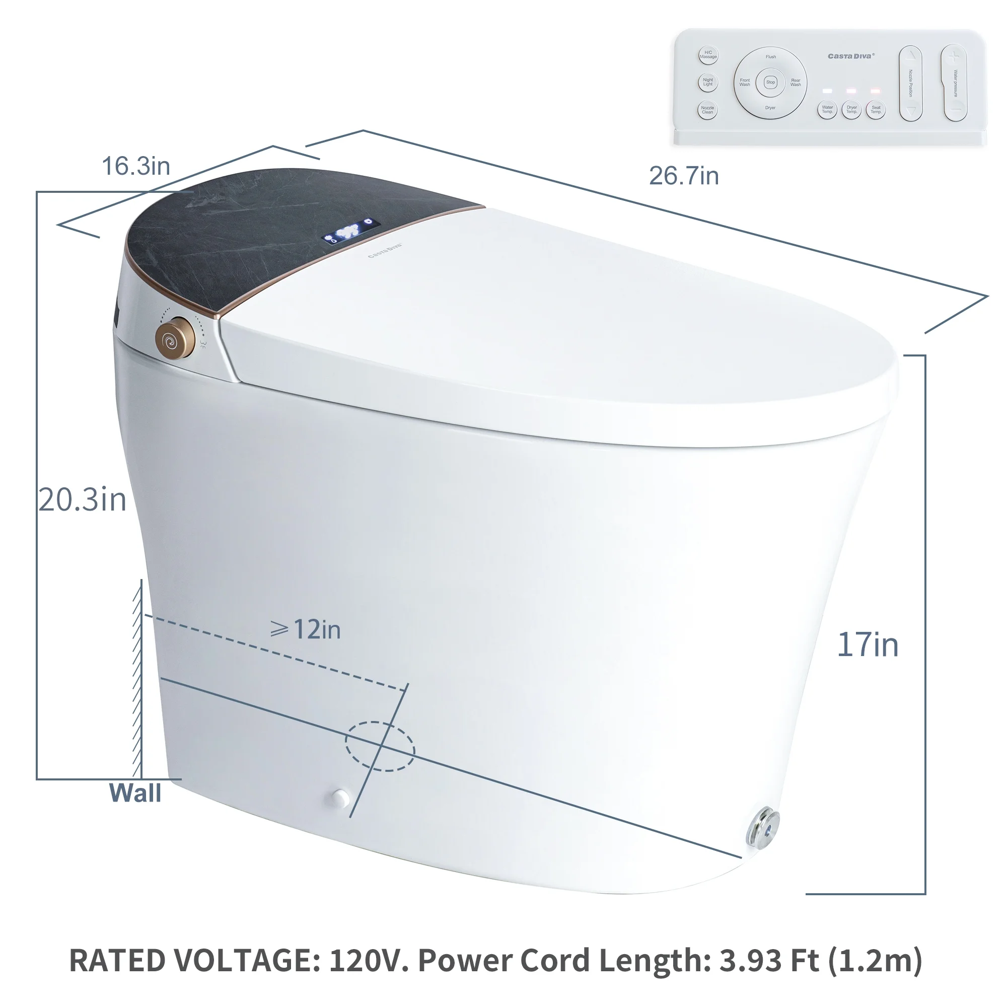 Casta Diva Smart Toilet, 12'' Rough in Elongated One Piece Ceramic Toilet with Bidet for Bathrooms