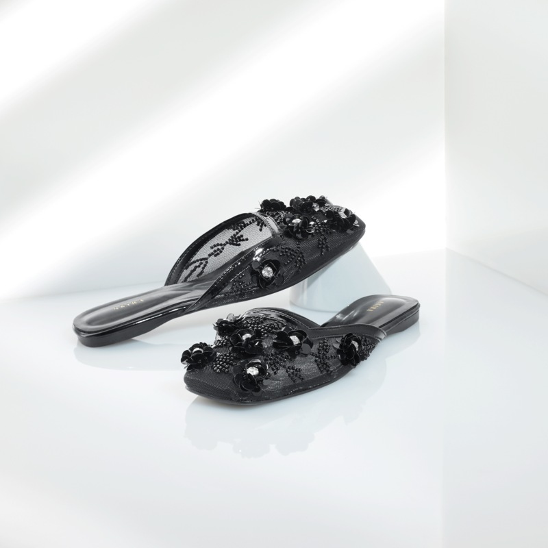 Cherina Embellished Mule with Bead-and-Rhinestone Flowers - MIDNIGHT VELVET CATALOG