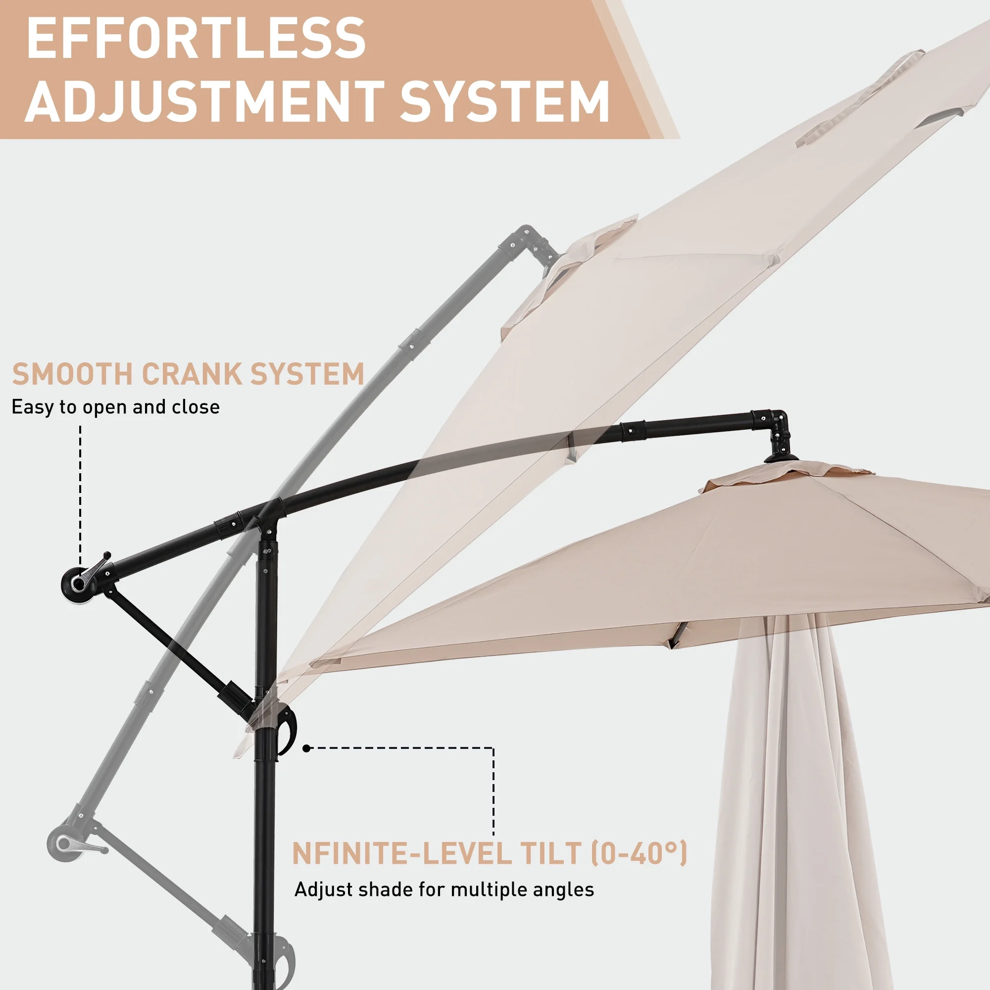 Ainfox 10ft Cantilever Patio Umbrella with Lights, Offset Market Umbrella with Sandbags Weighted Base and Cross Base,Khaki - Image 21