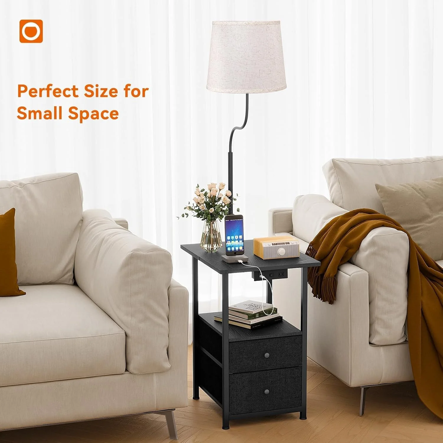 Floor Lamp with Side Table, Nightstand with Charging Station, 3 Color Temperatures 9W LED Bulb, Floor Lamps for Living Room, Bedroom, Storage End Tables Living Room - Black