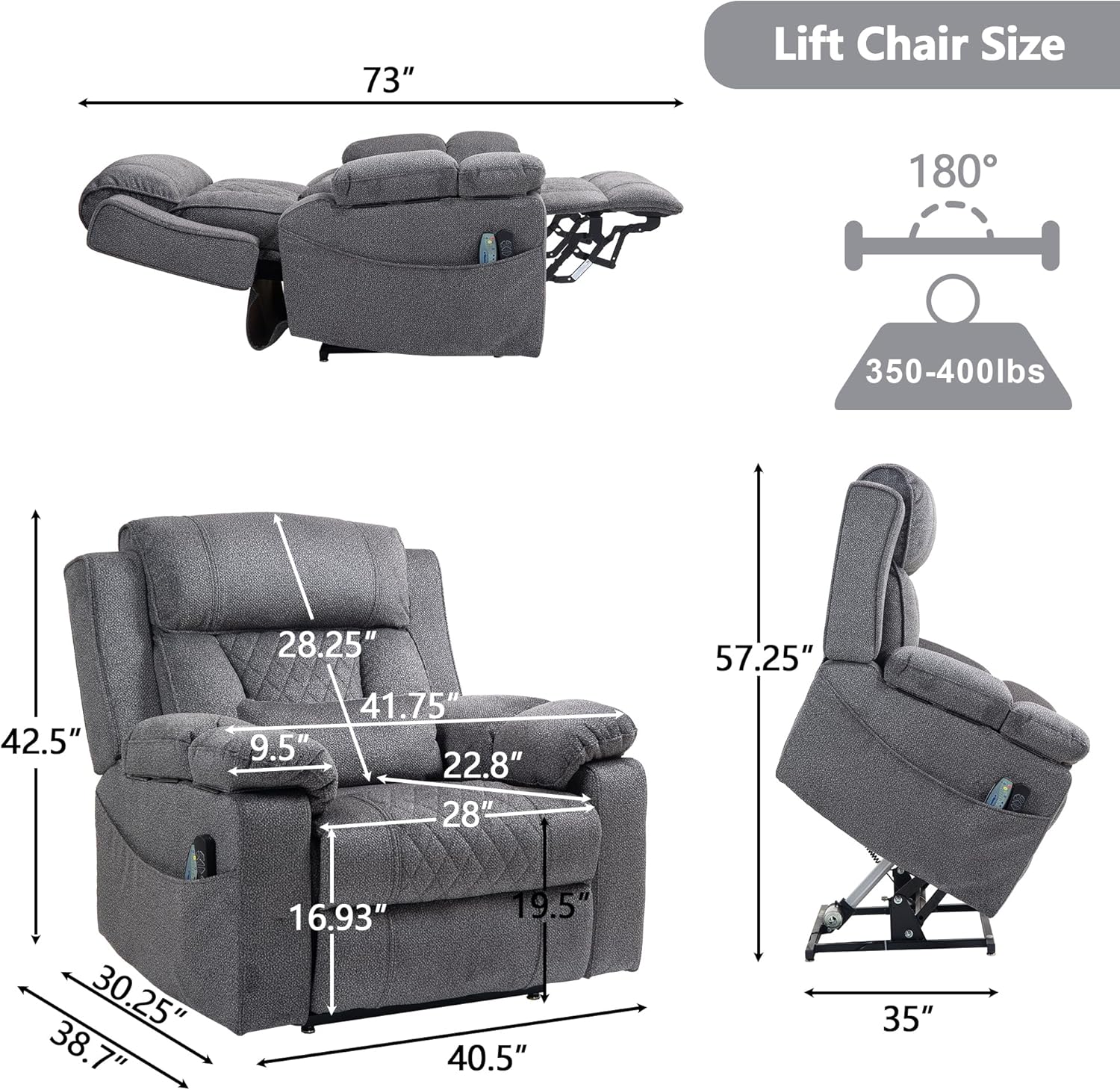 Big Man Power Lay Flat Lift Chair Oversized Recliner Dual Motor Heat Vibration for Elderly, Overstuffed Electric 28