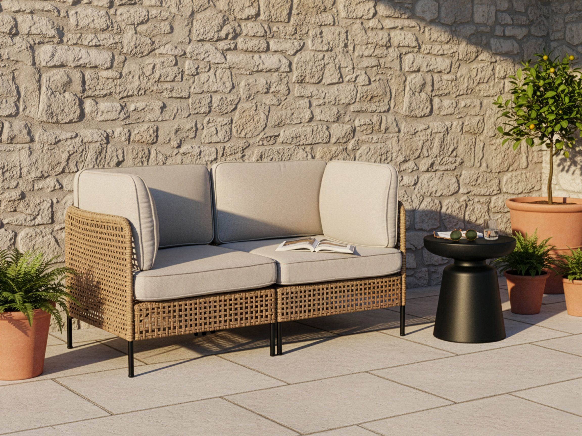 Garden Sofa 2 Seater OMEGANA PE Rattan Light Beige