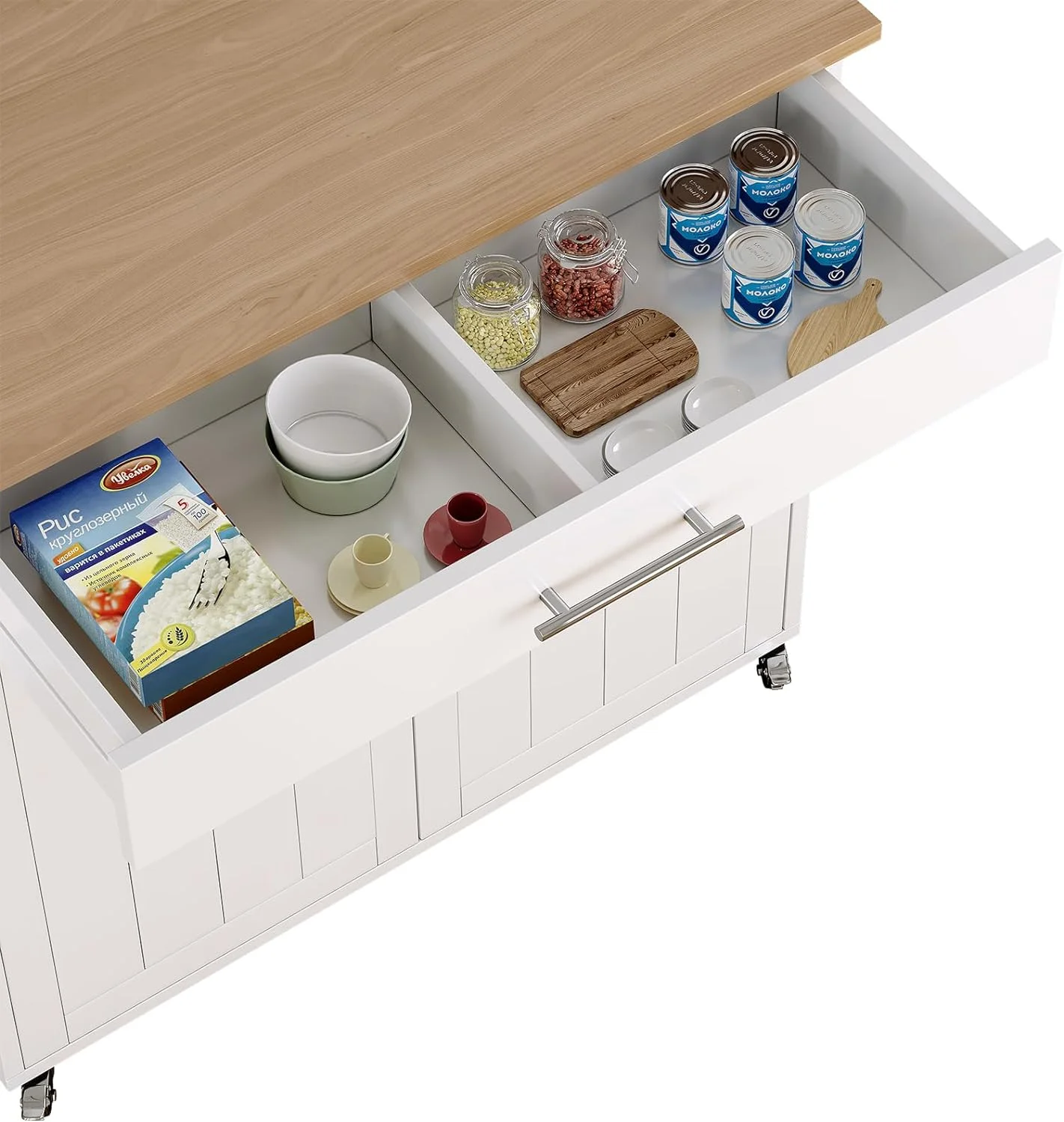 Soscana Kitchen Island Storage,Rolling Kitchen Island with Wheels,Kitchen Cart with Storage Rack & Drawer,Solid Wood Countertop,Kitchen Kitchenware Storage Rack Operation Console,White