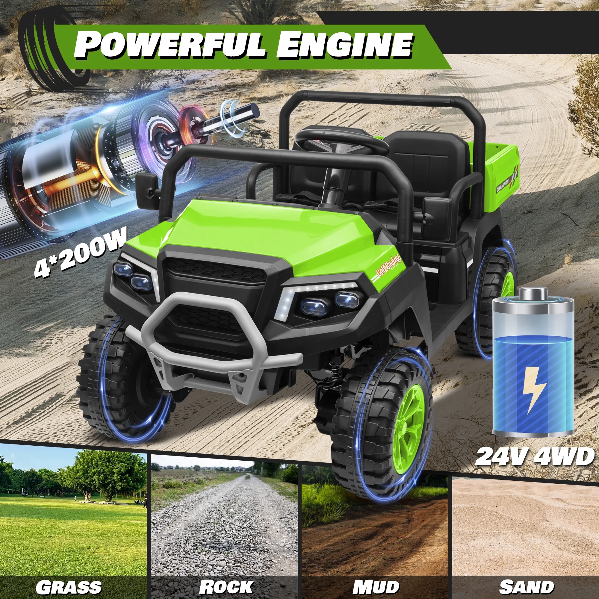 Joyracer 4WD 24 Volt Ride on Toys UTV with 2 Seater & Remote Control, Kids Electric Golf Cart w/ 4x200W Power Motors, Tiltable Trailer & Shovel, 4 Wheels Spring Suspension, Bluetooth USB Music, Black - Image 12