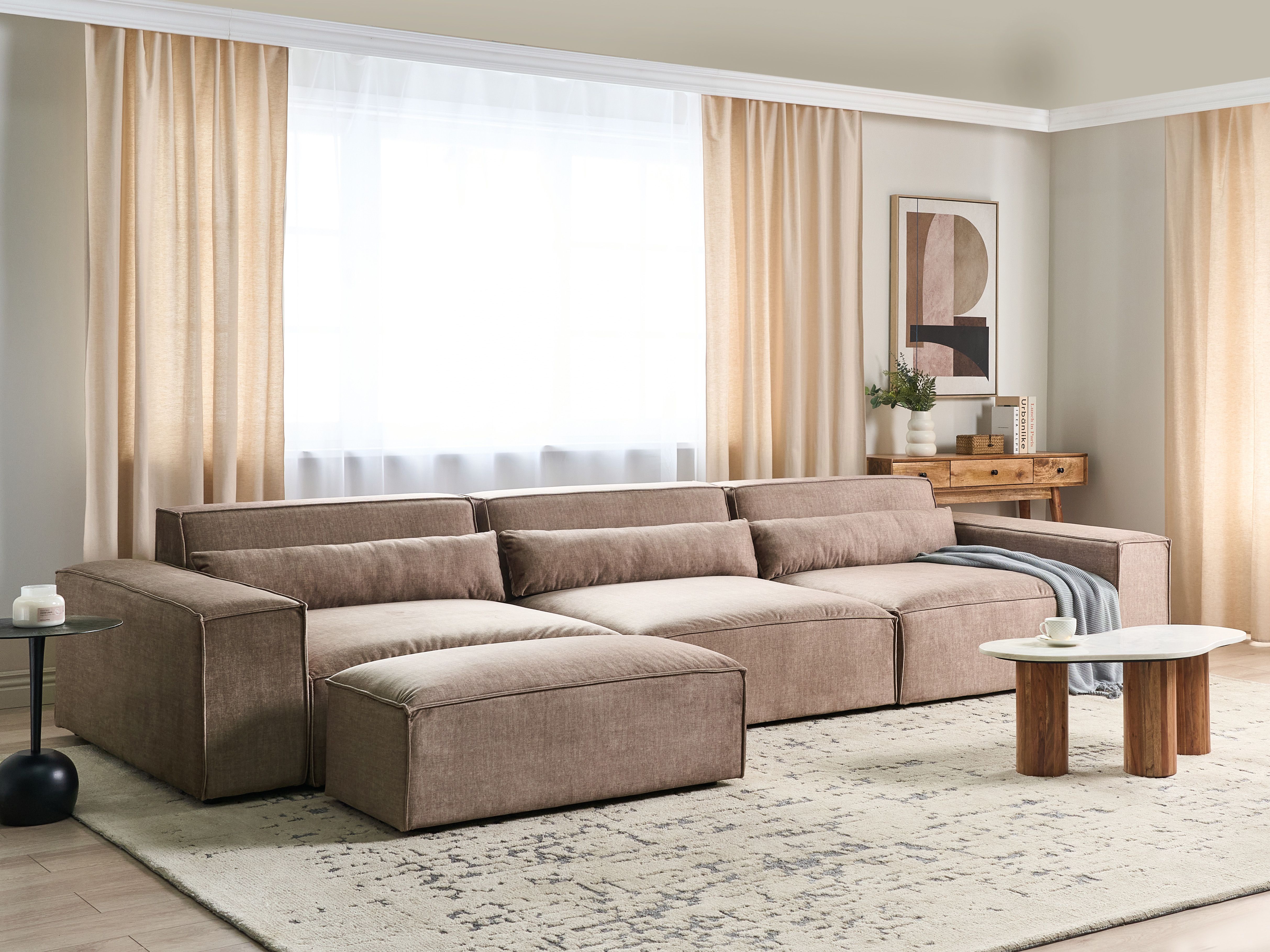 Modular Sofa 3 Seater HELLNAR Fabric Light Brown with Ottoman