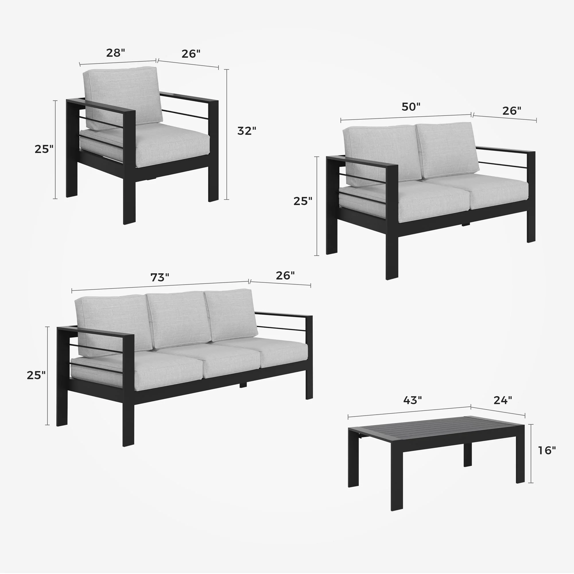 CozyHom 5 Pcs Outdoor Patio Aluminum Furniture Sofa Sets, Outside Patio Conversation Couch Sets With Table&Cushions for Garden Porch, Gray - Image 47