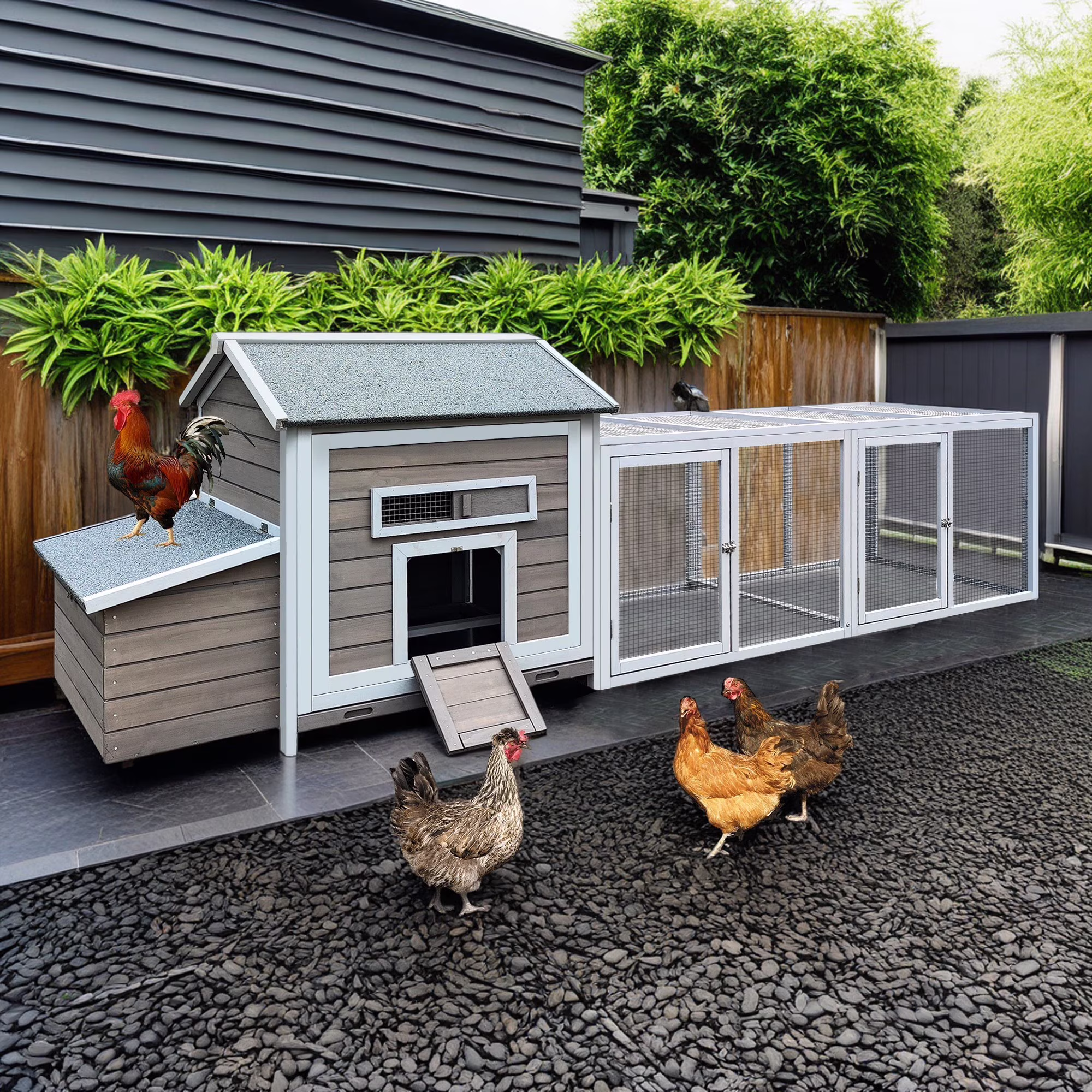 Pefilos 55" 2 Story Rabbit Hutch with Ramp, Tray, Wood Bunny Cage Poultry Chicken Coops, Beige - Image 5