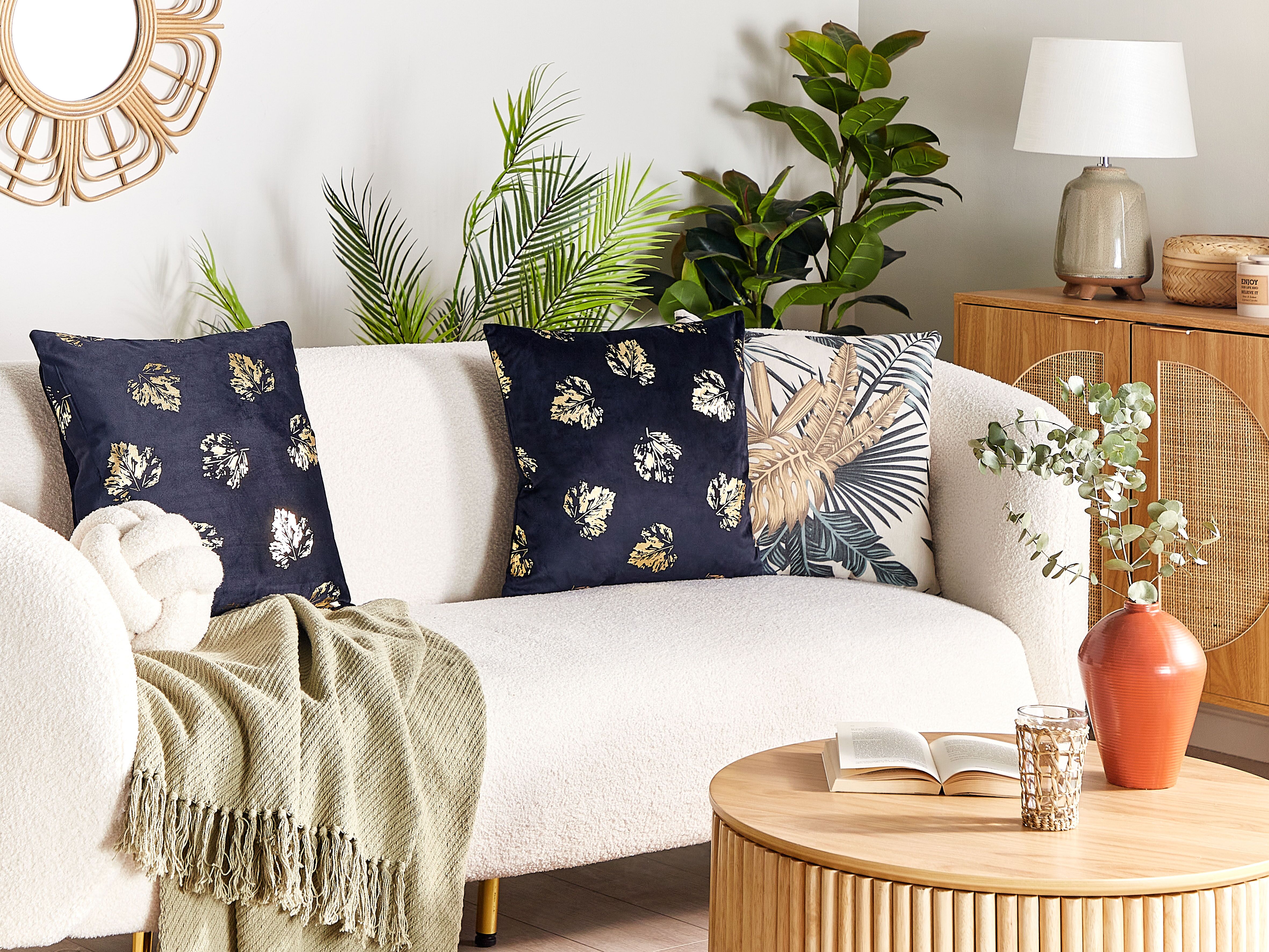 Set of 2 Decorative Cushions GOLDENROD Velvet 45 x 45 cm Black Plant Pattern