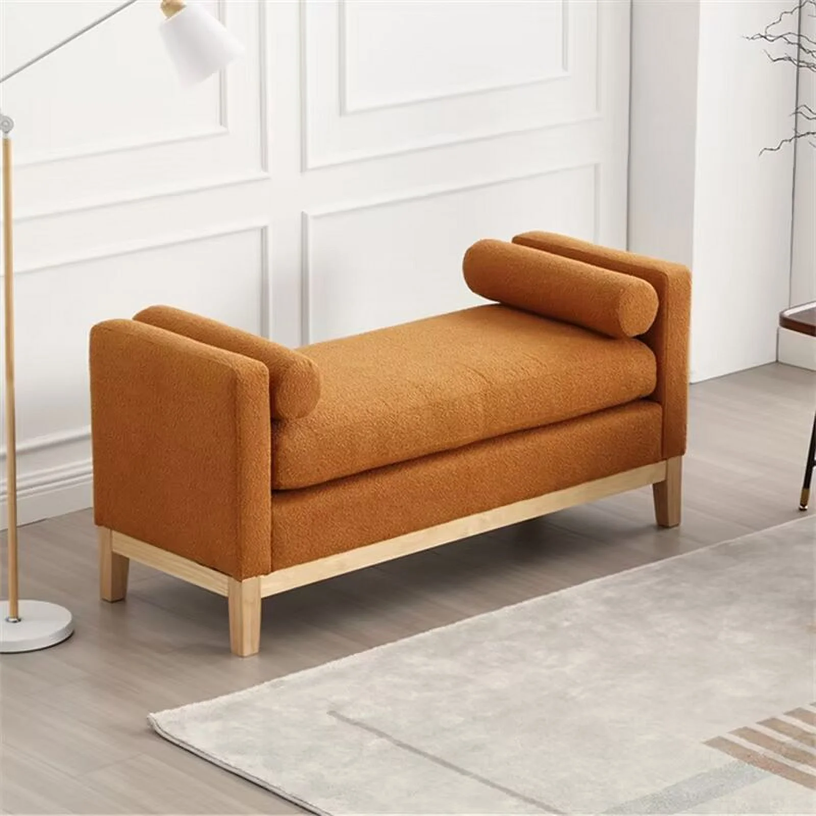 End of Bed Bench, 53.5" Boucle Fabric Upholstered Entryway Bench with Wood Legs & Bolster Pillows, Rolled Arm Cushioned Ottoman Foot Rest Long Stool Window Extra Seating for Bedroom, Ivory - Image 29