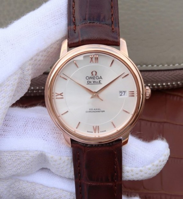 Replica Omega V6 De Ville 37mm RG White Dial RG Markers Leather Strap A2892 - Top club