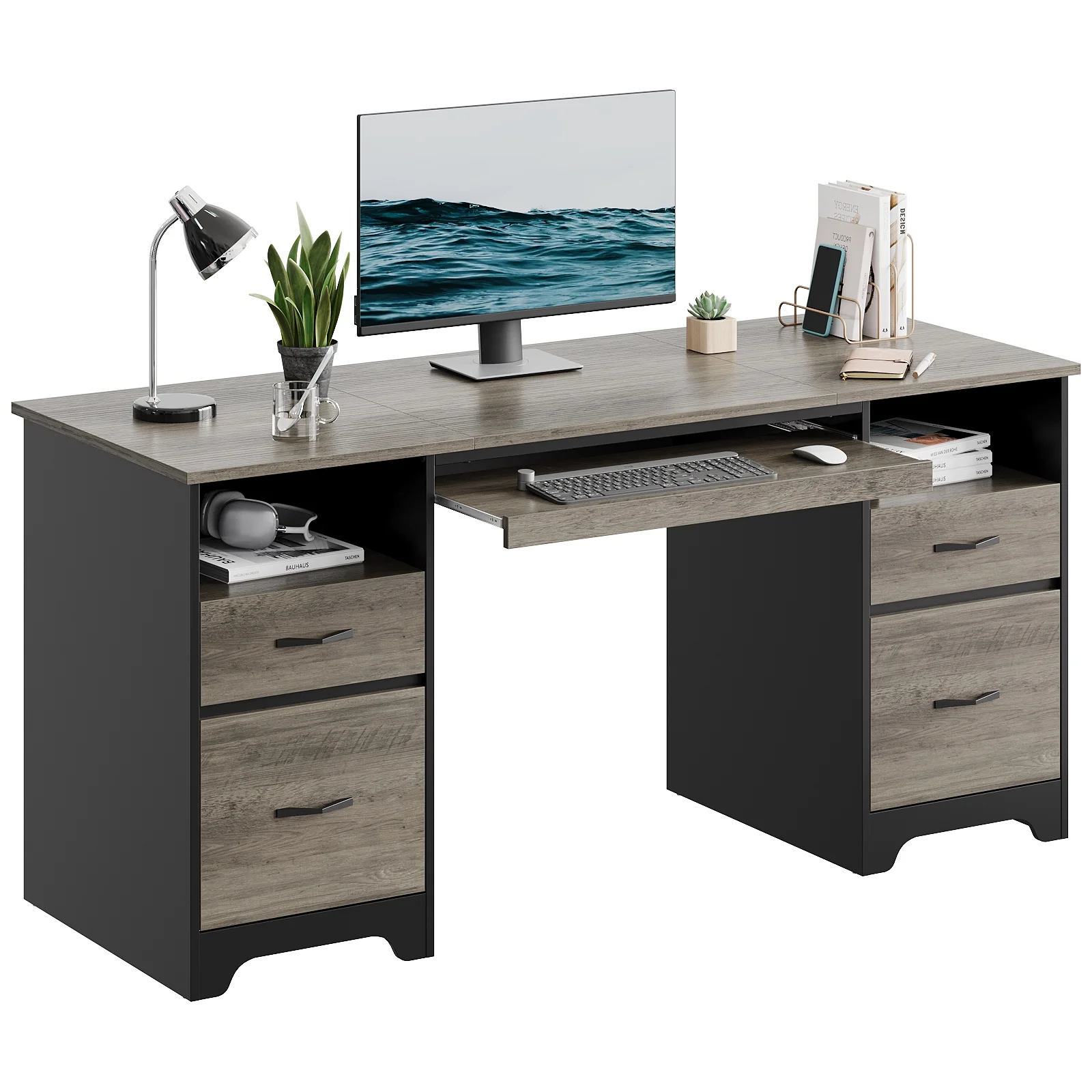 Bestier 59�� Computer Desk with 4 Drawers, Office Executive Desk with File Drawer, Keyboard Tray for Home Office, Gray - Image 10