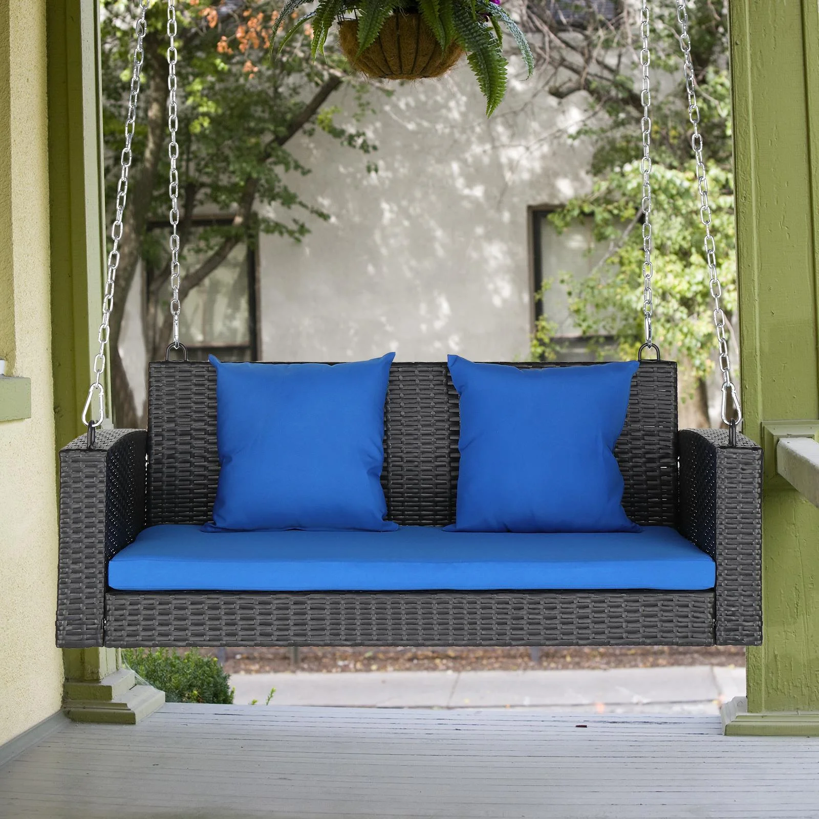 Zimtown Patio Rattn Wicker Swing, Outdoor Bench w/ Blue Cushion, Outdoor Seat Garden Swing for 2 Person