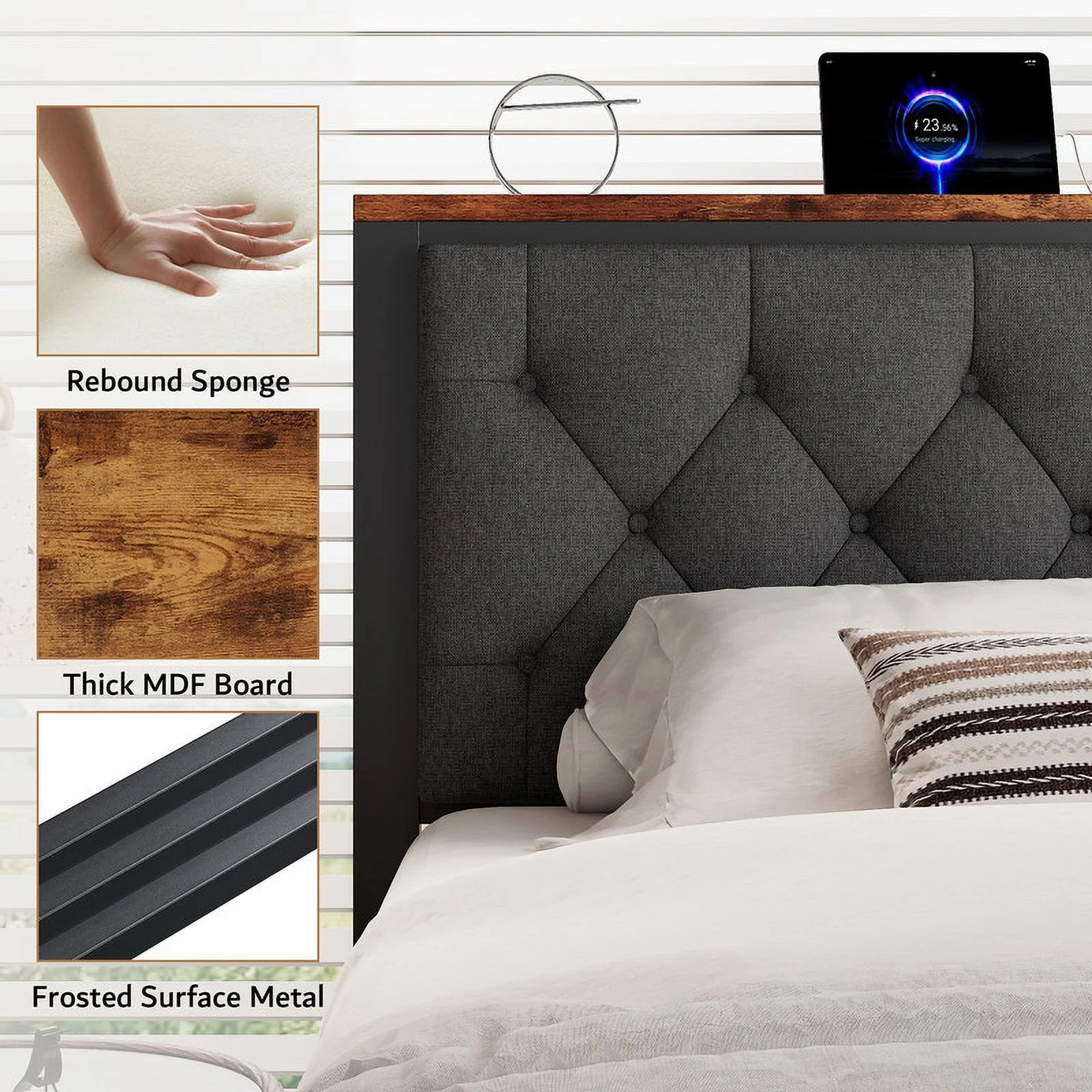 iPormis Full Bed Frame with 2 Drawers, Metal Platform Bed with Charging Station and Linen Fabric Storage Headboard Strong Metal Slats Black,Gray - Image 10