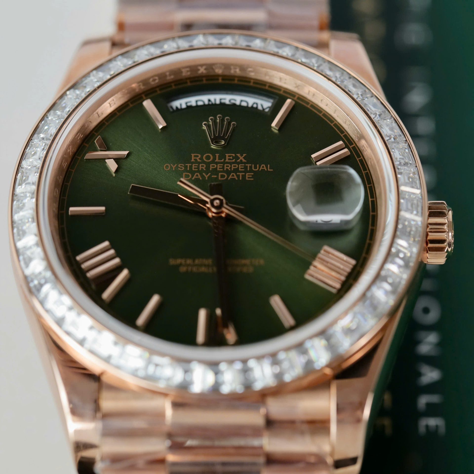 Rolex Day-Date Geen Dial Copies Watches Gold Wrapped + Diamonds Moissanite Baguette 40mm - Elite Watch Atelier