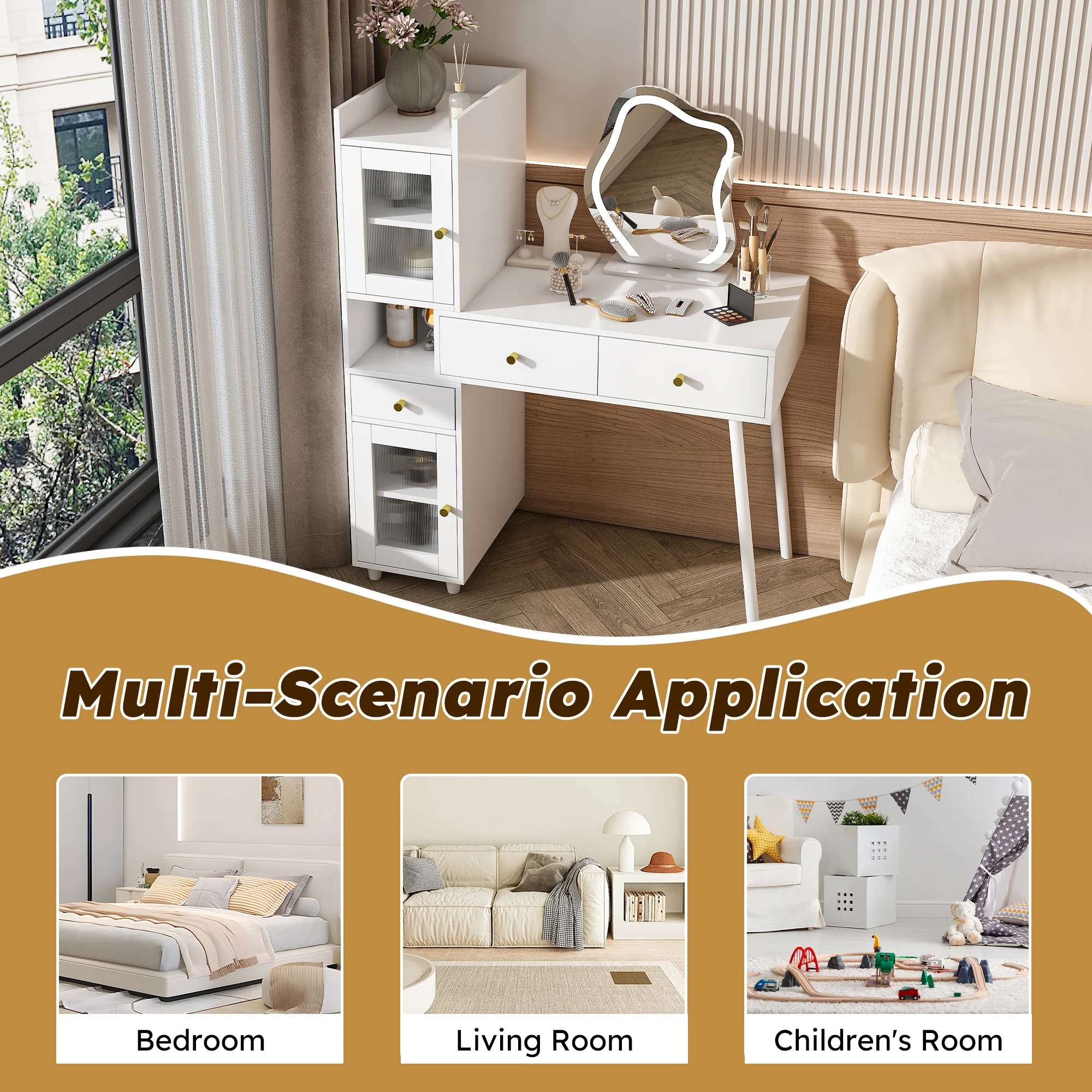 Montary Modern Mini Vanity w/Adjustable LED Mirror + Hidden Storage, Padded Stool & Dustproof Shelves (White) - Image 19
