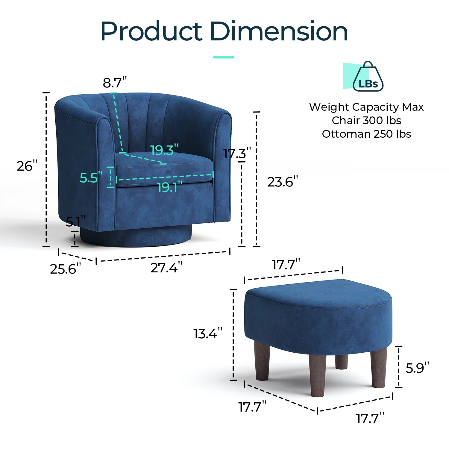 LINSY HOME Swivel Accent Chair with Ottoman, Velvet Barrel Chair for Living Room, Blue - Image 4