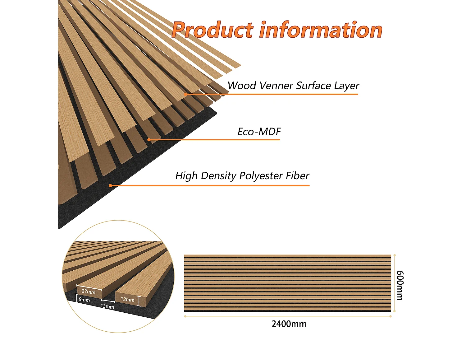 Lot de 2 Panneaux Muraux Décoratifs Acoustiques Bois MDF 240x60cm Chêne foncé  AntiBruit, Facile à Poser