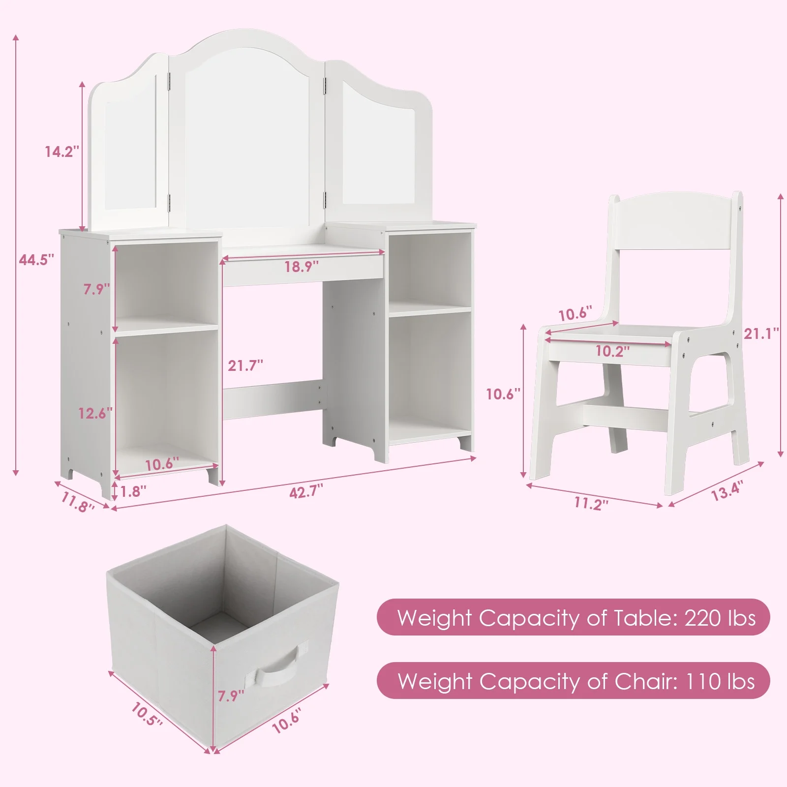 Arlopu Kids Vanity Set with Stool, Wooden Makeup Vanity Desk Children Dressing Table with Chair, Tri-Folding Mirror, Storage Cabinet & Drawers