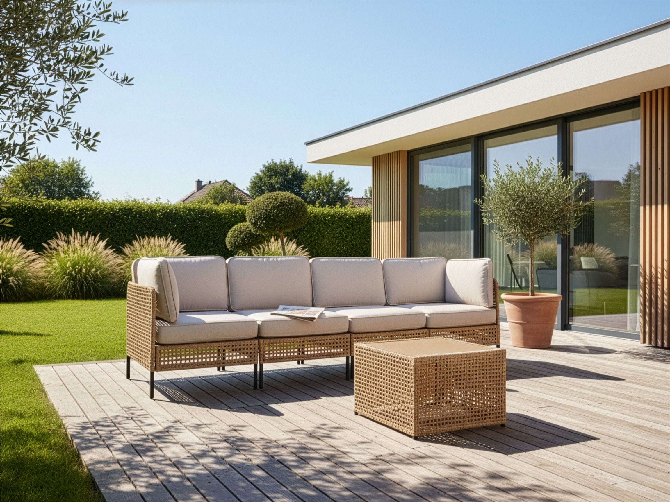 Garden Sofa with Table 4 Seater OMEGANA Modular PE Rattan Light Beige