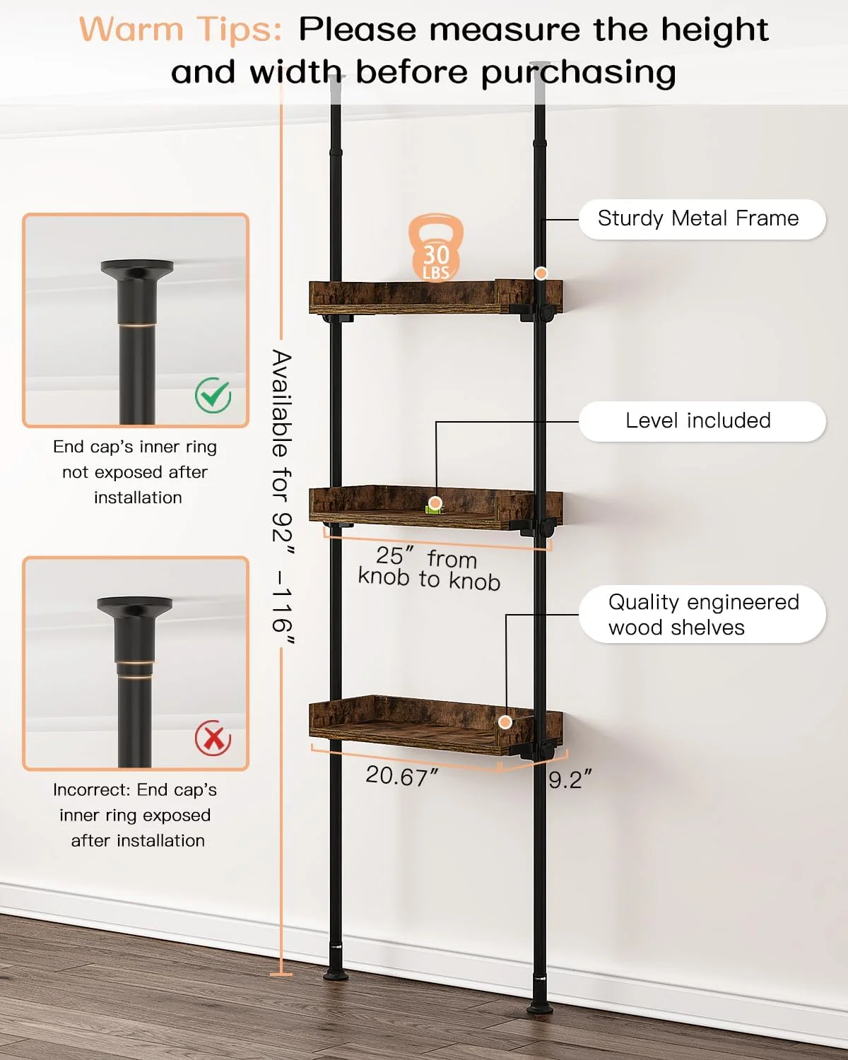 Adjustable Over The Toilet Storage Cabinet, Tension Mount Bathroom Organizers and Storage Over Toilet with 3 Tier Shelves, Over Toilet Bathroom Organizer Fit 92-116 Inch Tall, Rustic Brown