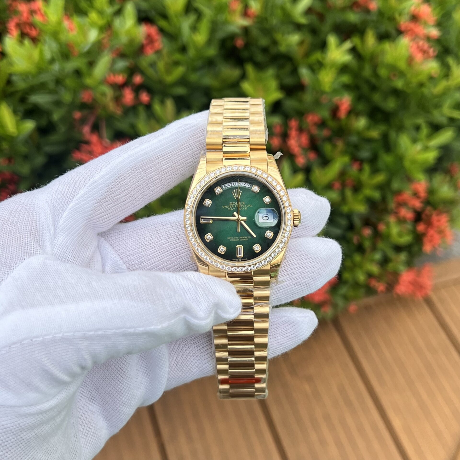 Rolex Day-Date 128348RBR Ombre Green Dial Replica Watch EW 36mm - Elite Watch Atelier