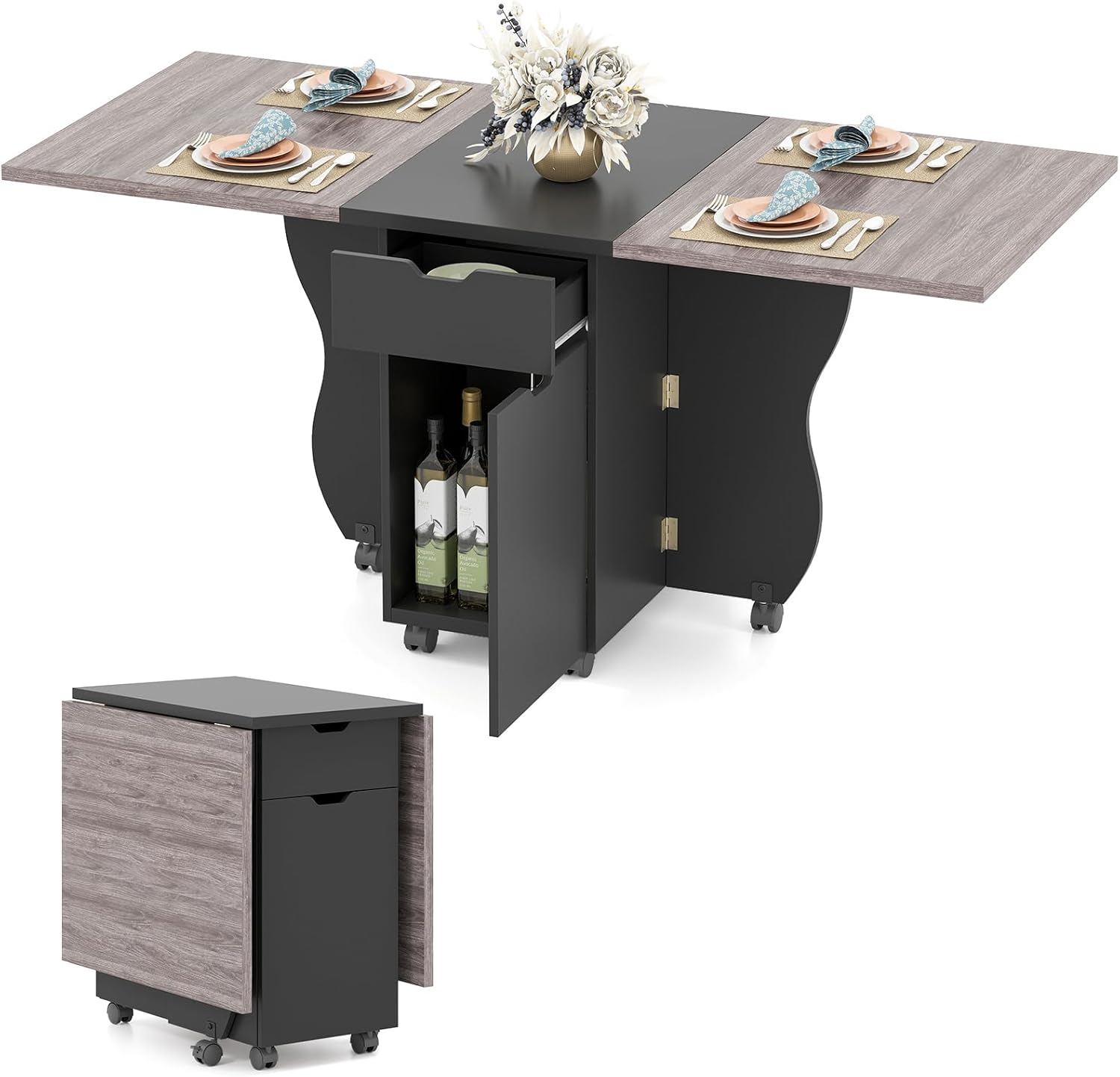 Giantex 3-in-1 Folding Dining Table for 4-6, 69-Inches Drop Leaf Kitchen Table with 2 Drawers and 2 Cabinets, Lockable Wheels, Foldable Dinner Tables for Small Spaces, Dinette (Black+Oak)