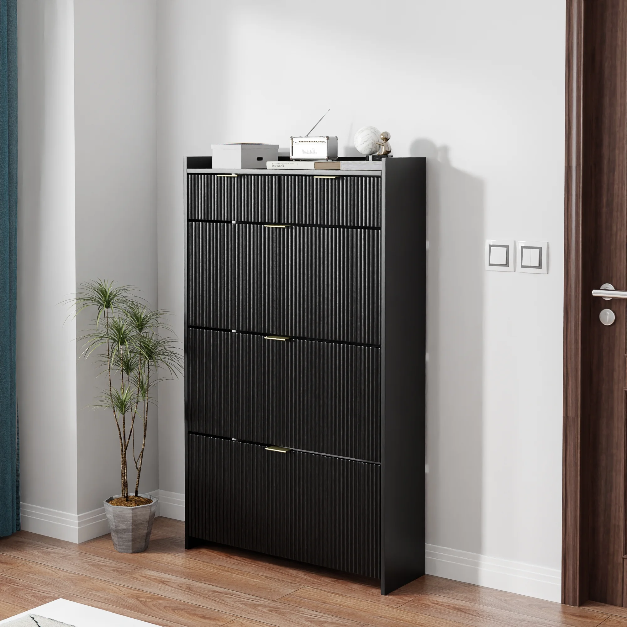 Shoe Cabinet, Free Standing Tipping Bucket Shoe Rack Organizer with 3 Flip Drawers, Modern Entryway Narrow Shoe Rack with 2 Drawers & Top Storage, for Hallway Bedroom, Walnut - Image 13