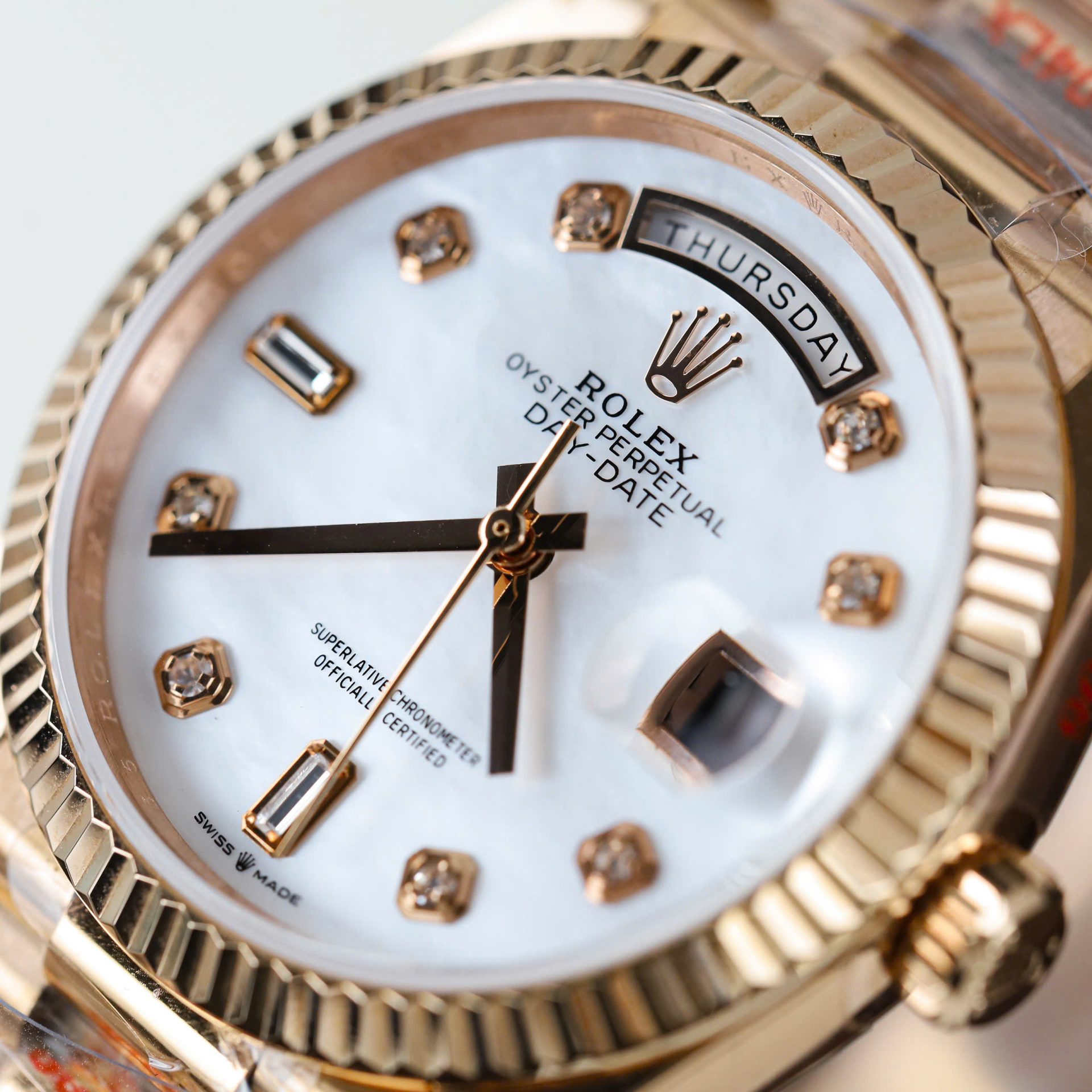 Rolex Day-Date 128235 Knock Off Watches MOP Dial Weight 156 Grams QF Factory 36mm - Elite Watch Atelier