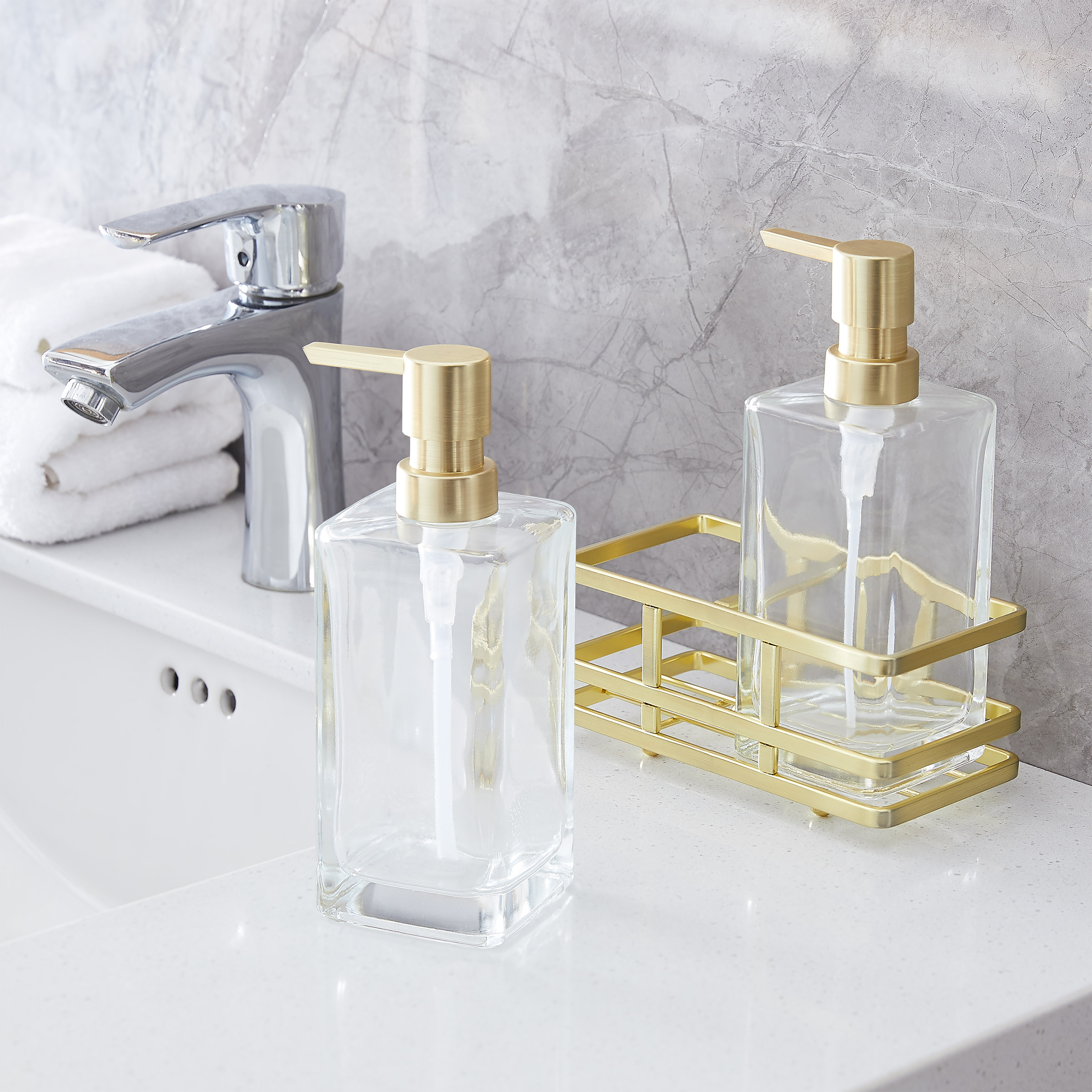 Home Decor 3-piece Glass Soap Dispenser Set with Metal Storage Caddy