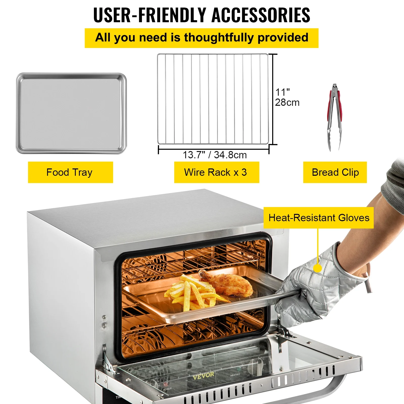 VEVOR Commercial Convection Oven,21L/19Qt,Quarter-Size Conventional Oven Countertop,1440W 3-Tier Toaster with Front Glass Door,Electric Baking Oven with Trays Wire Racks Clip Gloves
