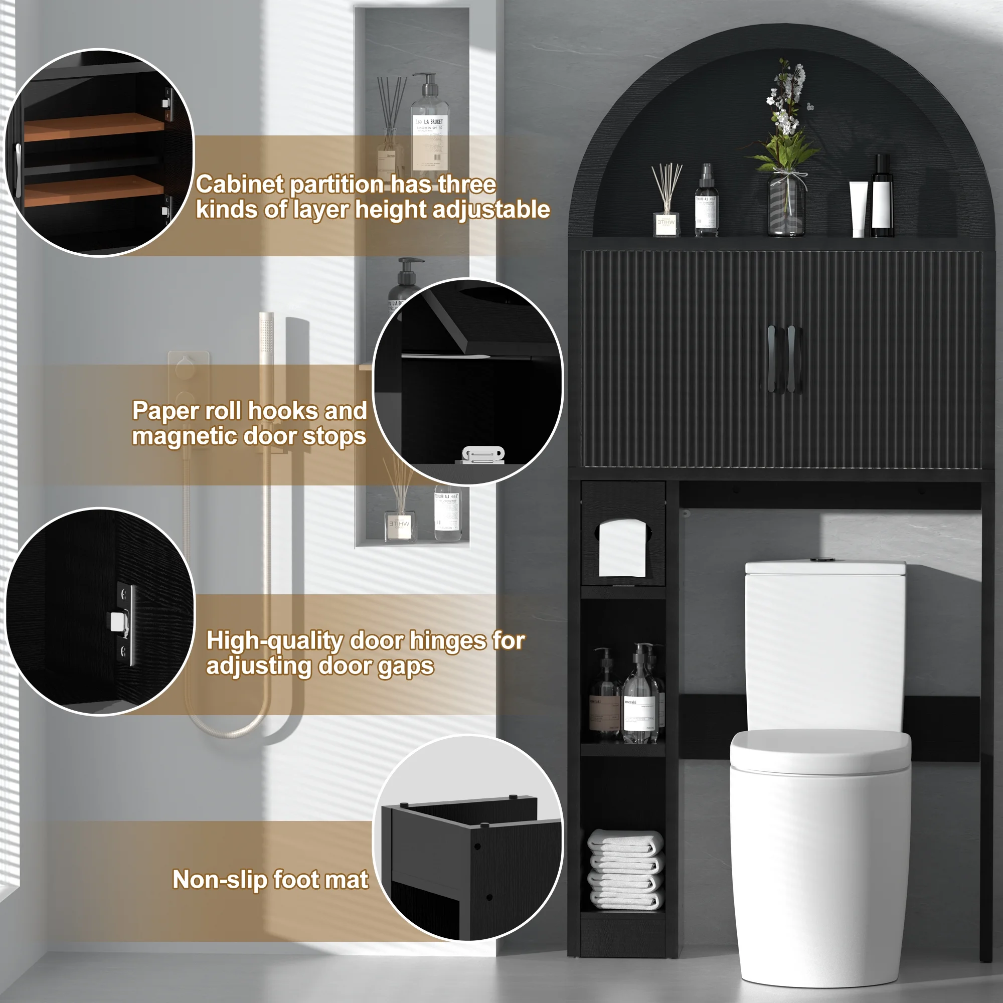 HARIPUL Over The Toilet Storage Cabinet w/ Unique Wood Grain & Arc Design, Freestanding Bathroom Shelf Organizer Space Saver w/ Doors & Anti-Tip Device, Wood Color - Image 52