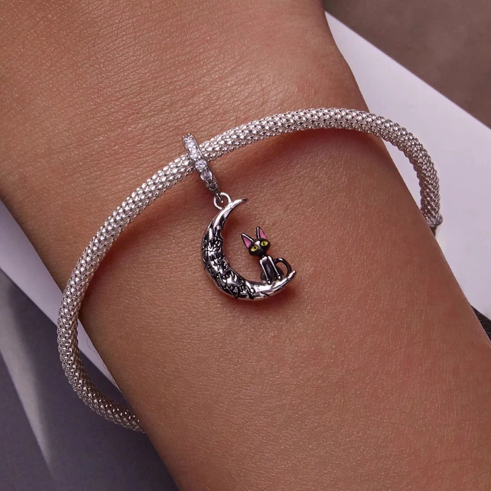 925 Sterling Silver Moon Cat Dangle Charm for Bracelets and Necklaces Crescent Moon and Cat Pendants Charm Animal Jewelry Gifts for Women Girls Cat Lover