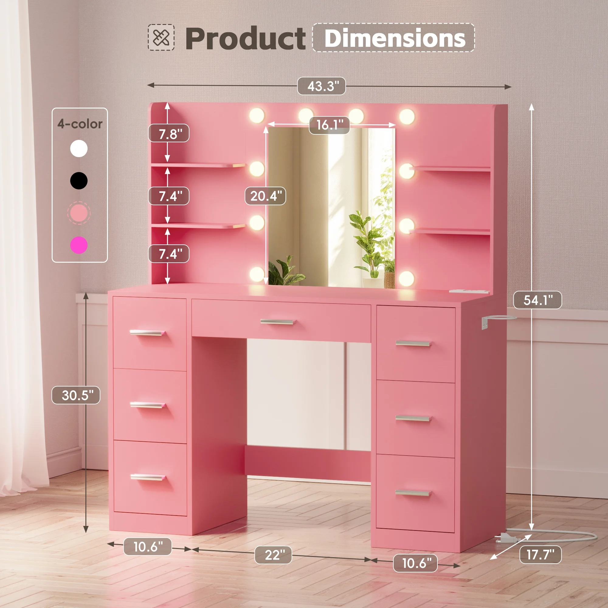 Lacoo Vanity Desk with Mirror and LED Lights, Makeup Vanity with 7 Drawers & 4 Shelves, Vanity Table with Power Outlet for Bedroom Dressing Room, White - Image 42