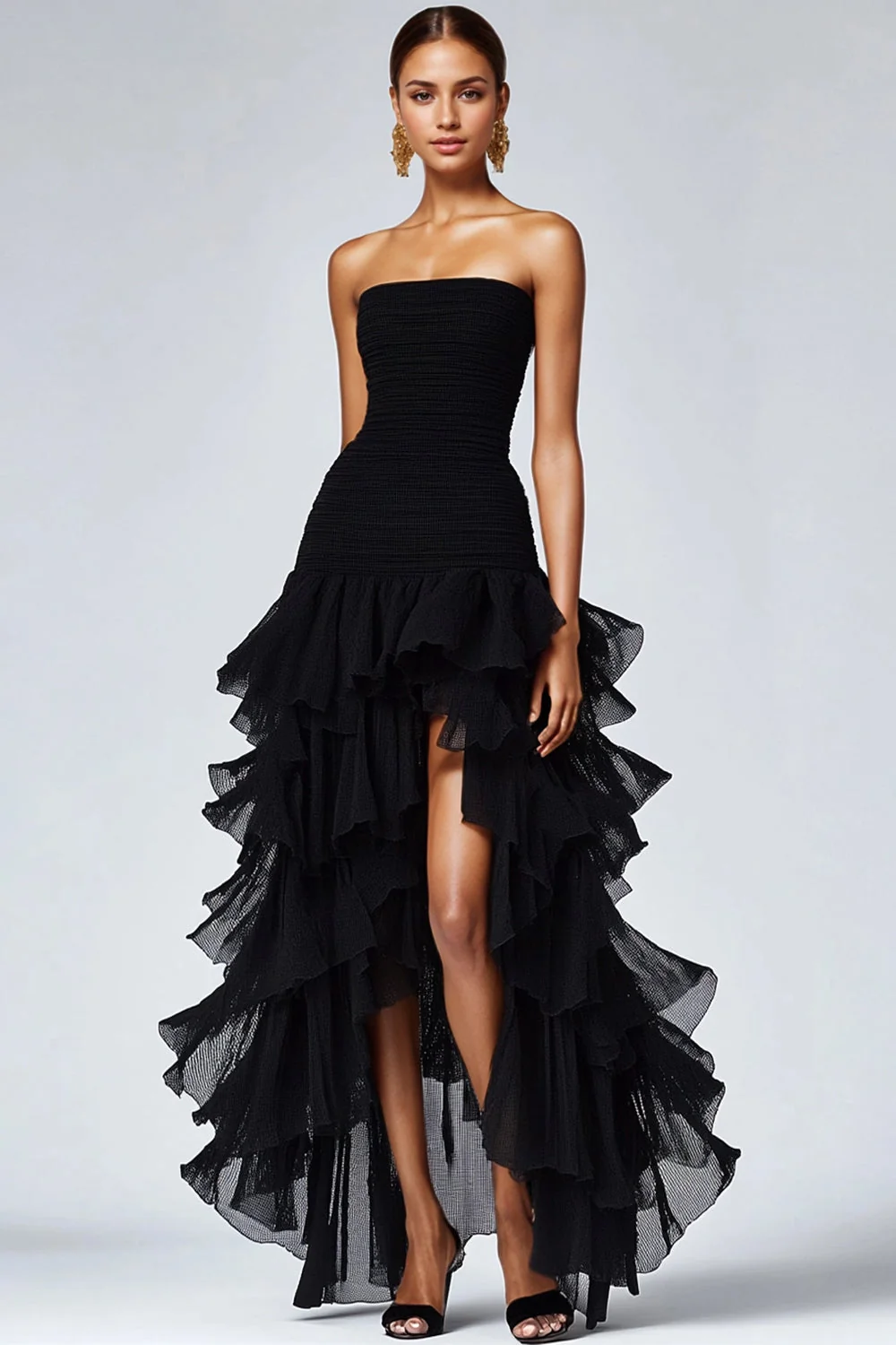 Eucalyptus Strapless Tulle Tiered Ruffles Formal Dress