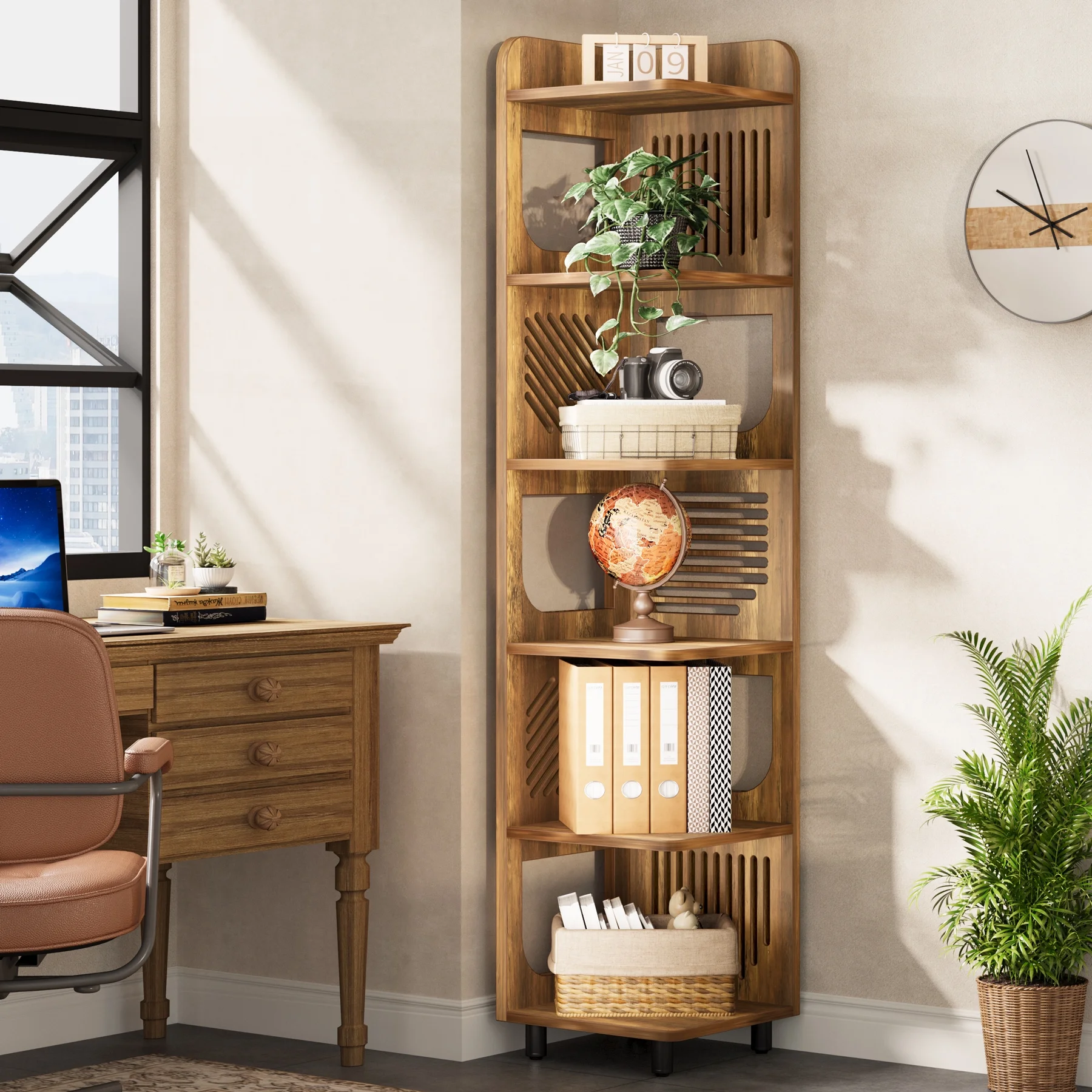 Fnova 71" 6-Tier Tall Corner Bookshelf, Rustic Wooden Narrow Corner Bookcase with Artistic Square Rack, Freestanding Display Storage Shelf for Space-Saving Home Organizing - Image 20