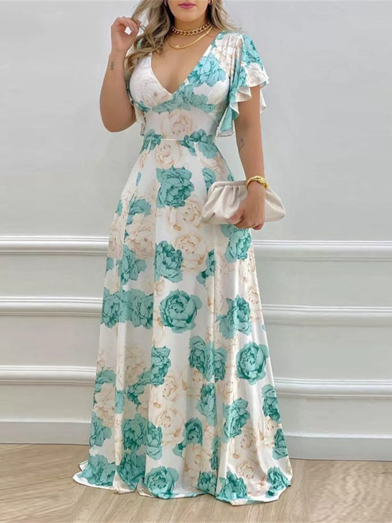 Floral Print V-Neck Ruffle Sleeve Maxi Dress - ZKZOOK