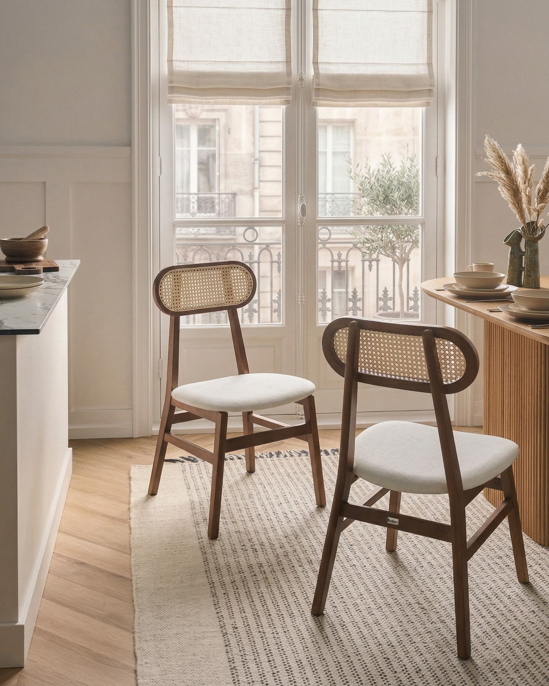 Set of 2 Dining Chairs FALLON Wood Brown/ Light Beige