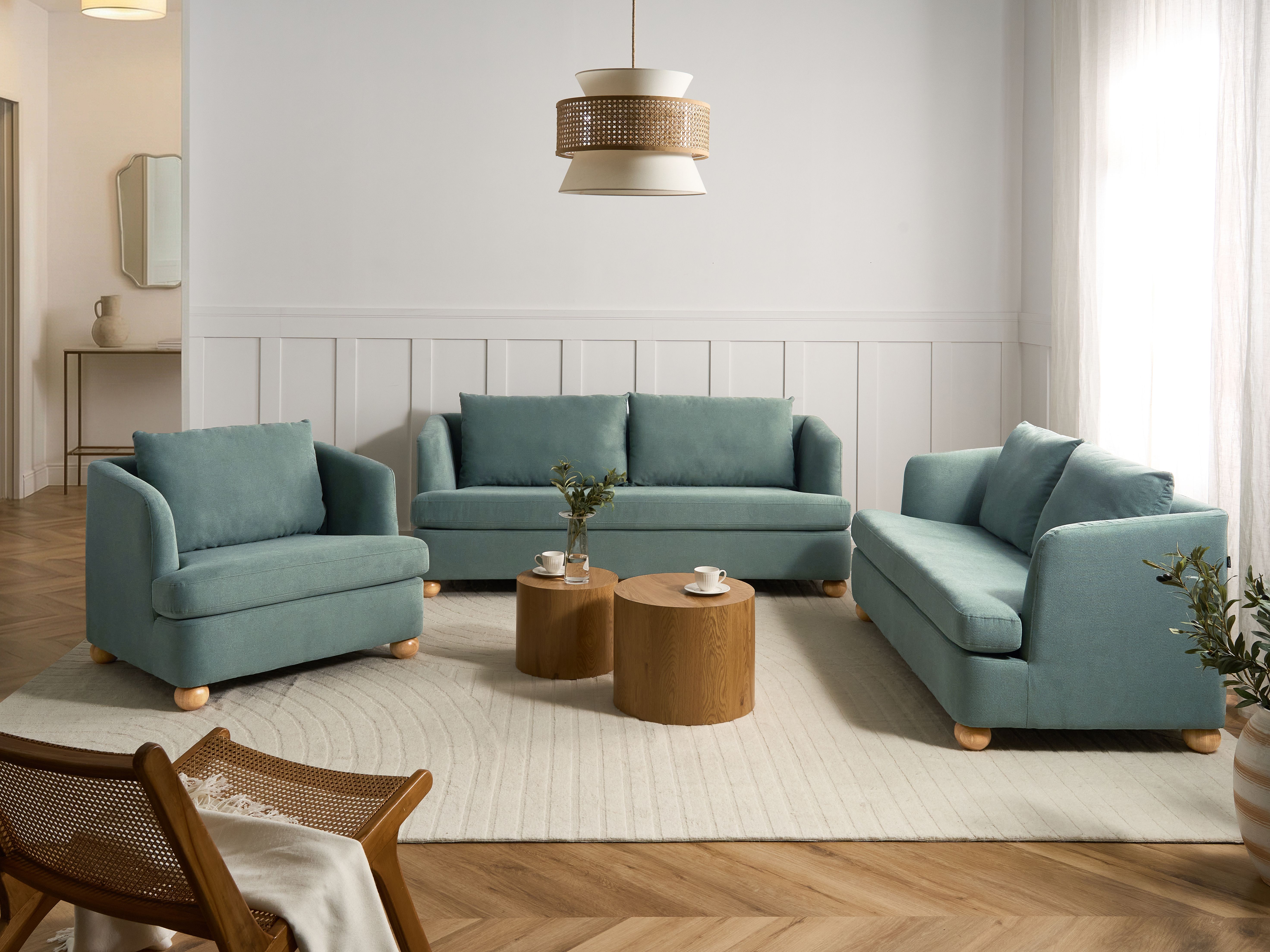 Living Room Set 6 Seater RATTVIK Fabric Light Green
