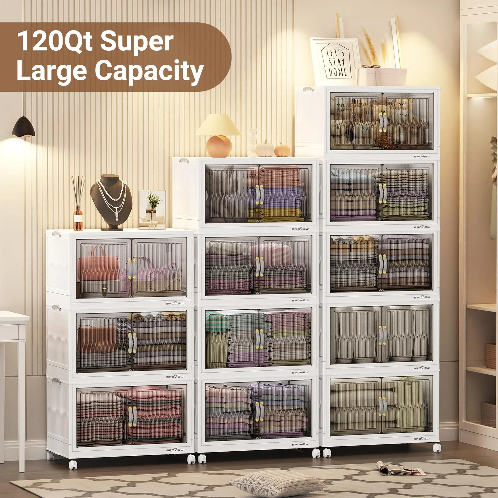 BROVIEW 150Gal Large Storage Bins with Lid, 600Qt Plastic Stackable Closet Organizer and Storage, Collapsible Storage Box with Wheels, Folding Storage Cabinet Containers for Home Office, 3Pack White
