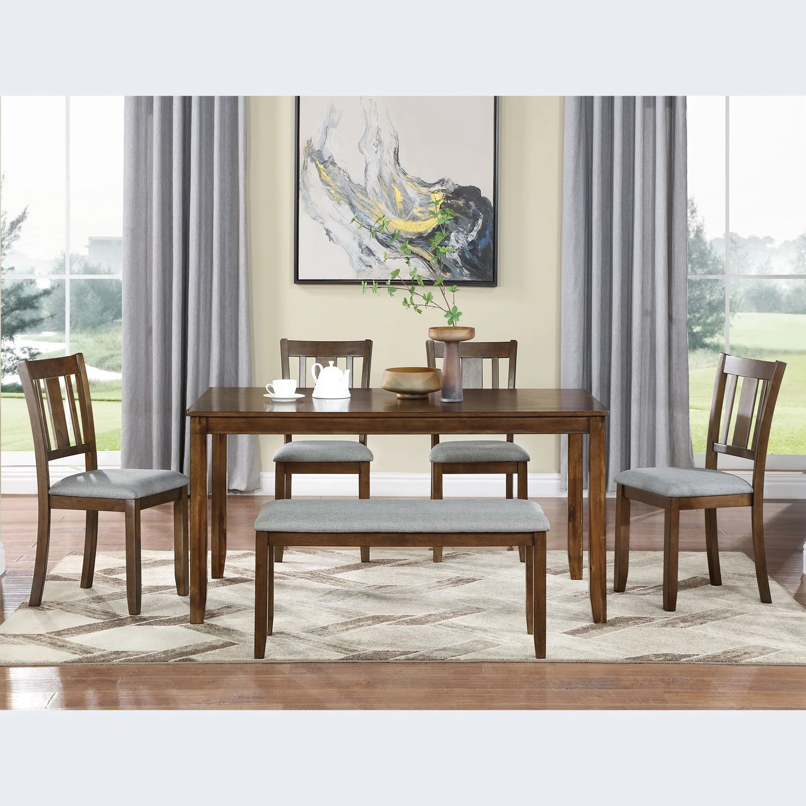 Dining Room Set, LEGAHOME 6 Piece Dining Sets with Bench and Chairs, Solid Wood Kitchen Dining Table Set for 6 with Upholstered Chairs, Gray - Image 32