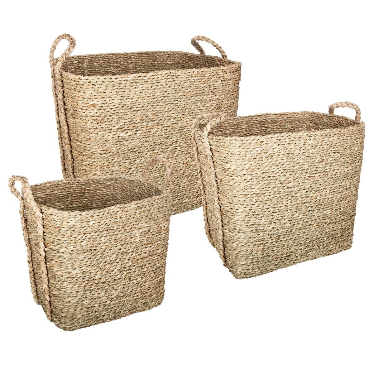 Set of 3 rectangular handled baskets Woven reed, H.25/31/41 cm