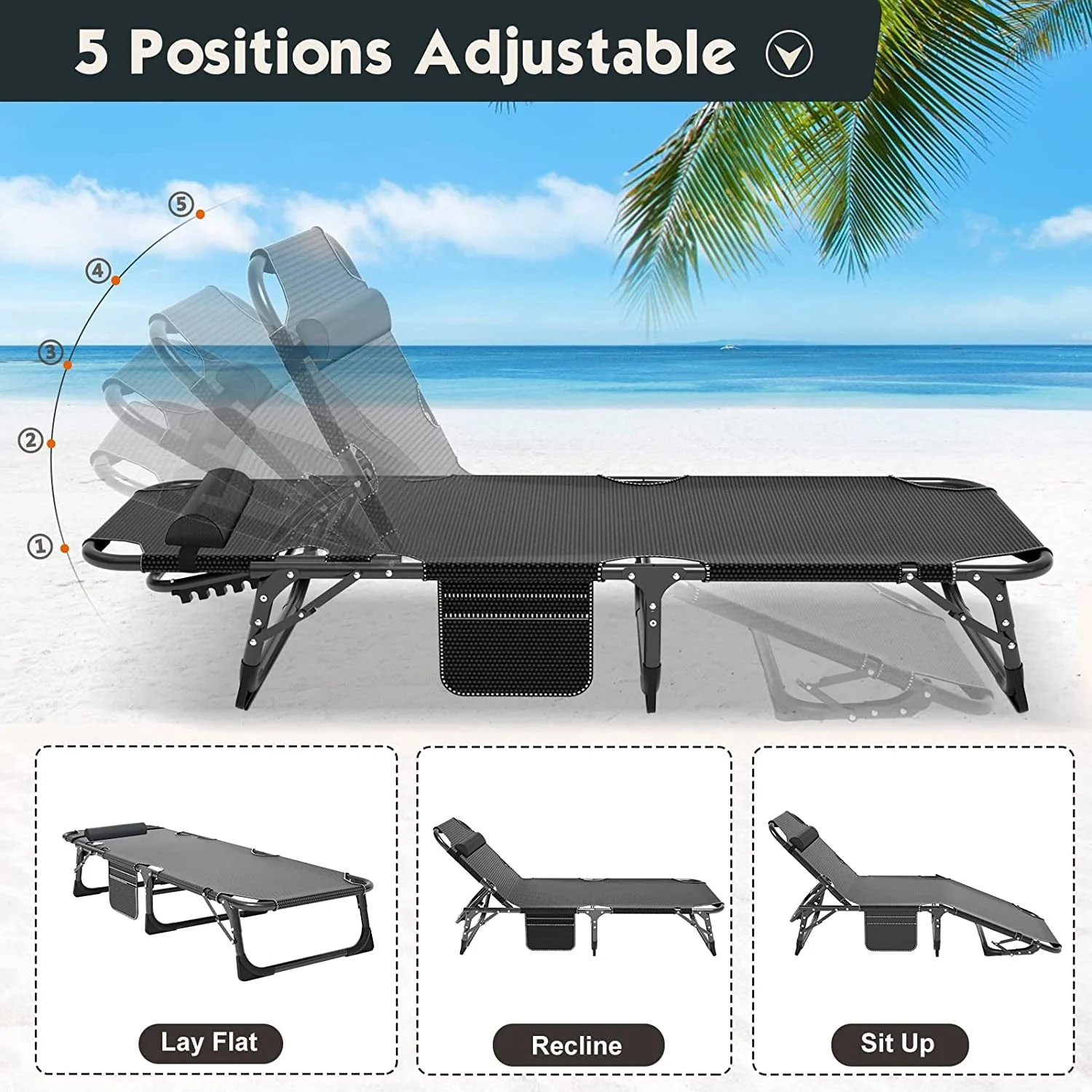 Slsy Folding Lounge Chair, 5-Position Adjustable Outdoor Reclining Chair, Folding Sleeping Bed Cot, Folding Chaise Lounge Chair for Pool Beach Patio Sunbathing