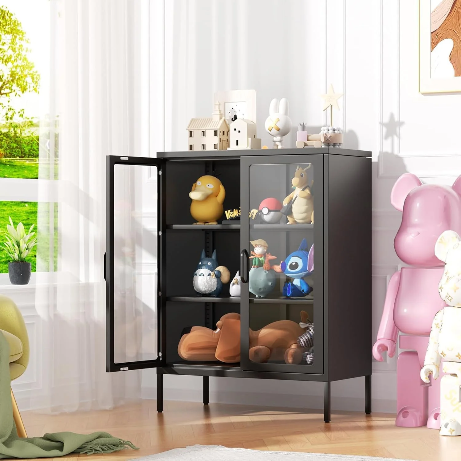 SUNCROWN Metal Storage Cabinet, Curio Display Cabinet with 2 Glass Display Door and 4 Shelves, Side Storage Organize, Modern Bookshelf Cabinet for livingroom, Bedroom, Kitchen, Black - Image 20