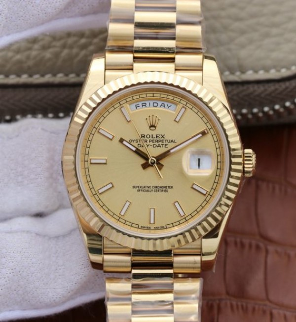 Replica Rolex Day-Date 40mm 228238 YG Noob YG Dial Lume Markers YG Bracelet A3255 - Elite Watch Atelier
