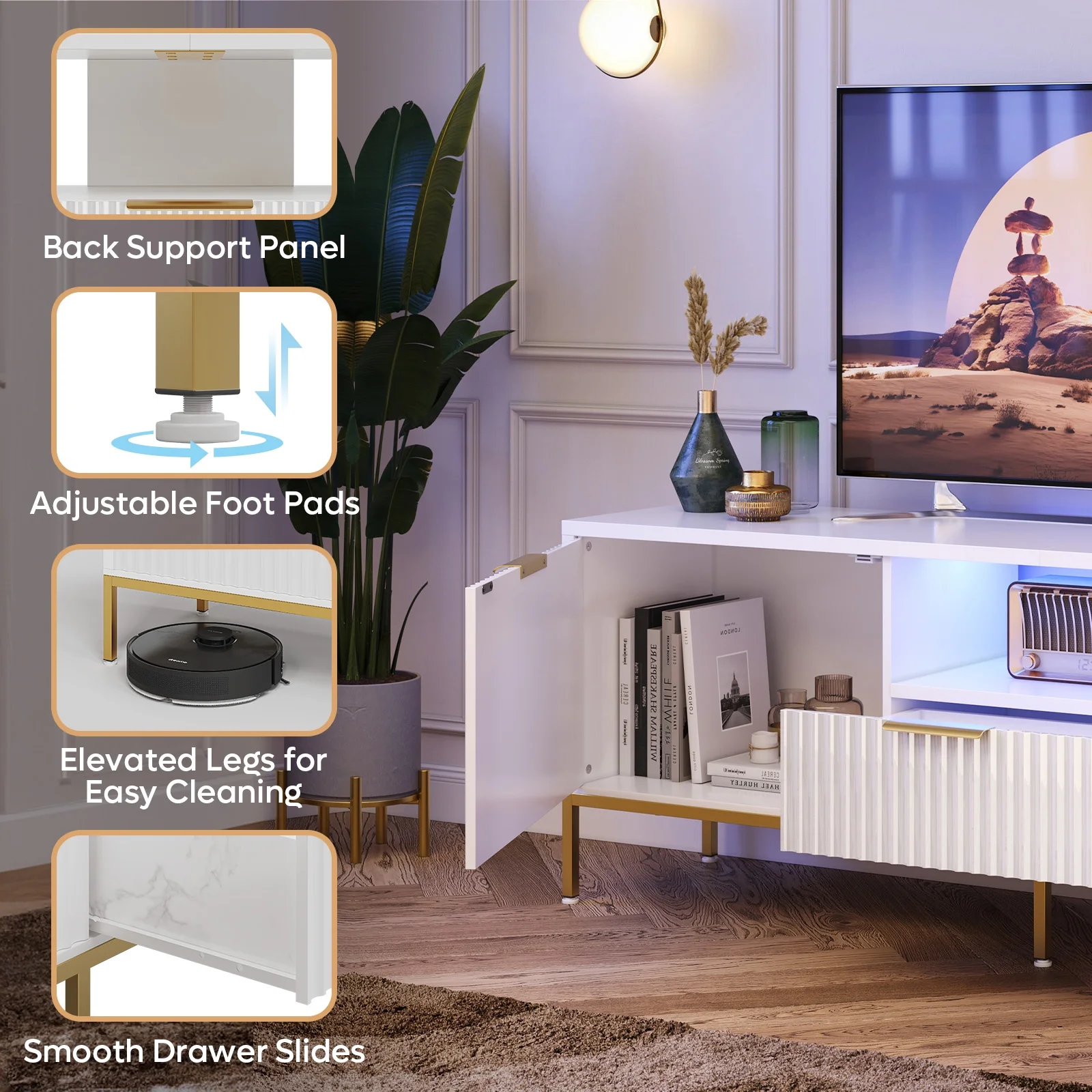 Bestier 55" LED TV Stand for TVs up to 60" Modern High Gloss Entertainment Center with Drawers Cabinets Fluted TV Console, White & Gold - Image 33