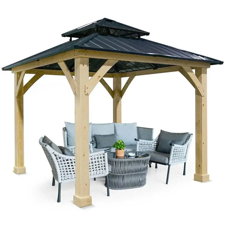 Hardtop Patio Gazebo, 10 x 10 FT, Gray, Wood And Steel - Image 3 Hardtop Patio Gazebo, 10 x 10 FT, Gray, Wood And Steel - Image 3