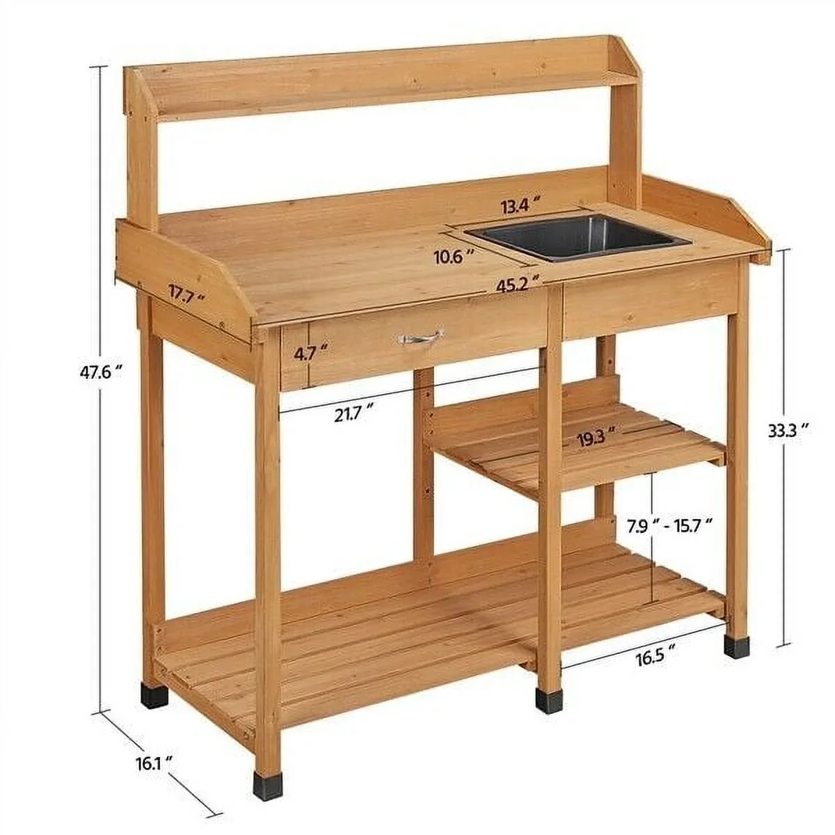 Veado Potting Bench With Sink, Drawer, Rack And Shelves, 45.2 x 17.7 x 47.6 in - Natural Wood - Image 2 Veado Potting Bench With Sink, Drawer, Rack And Shelves, 45.2 x 17.7 x 47.6 in - Natural Wood - Image 2